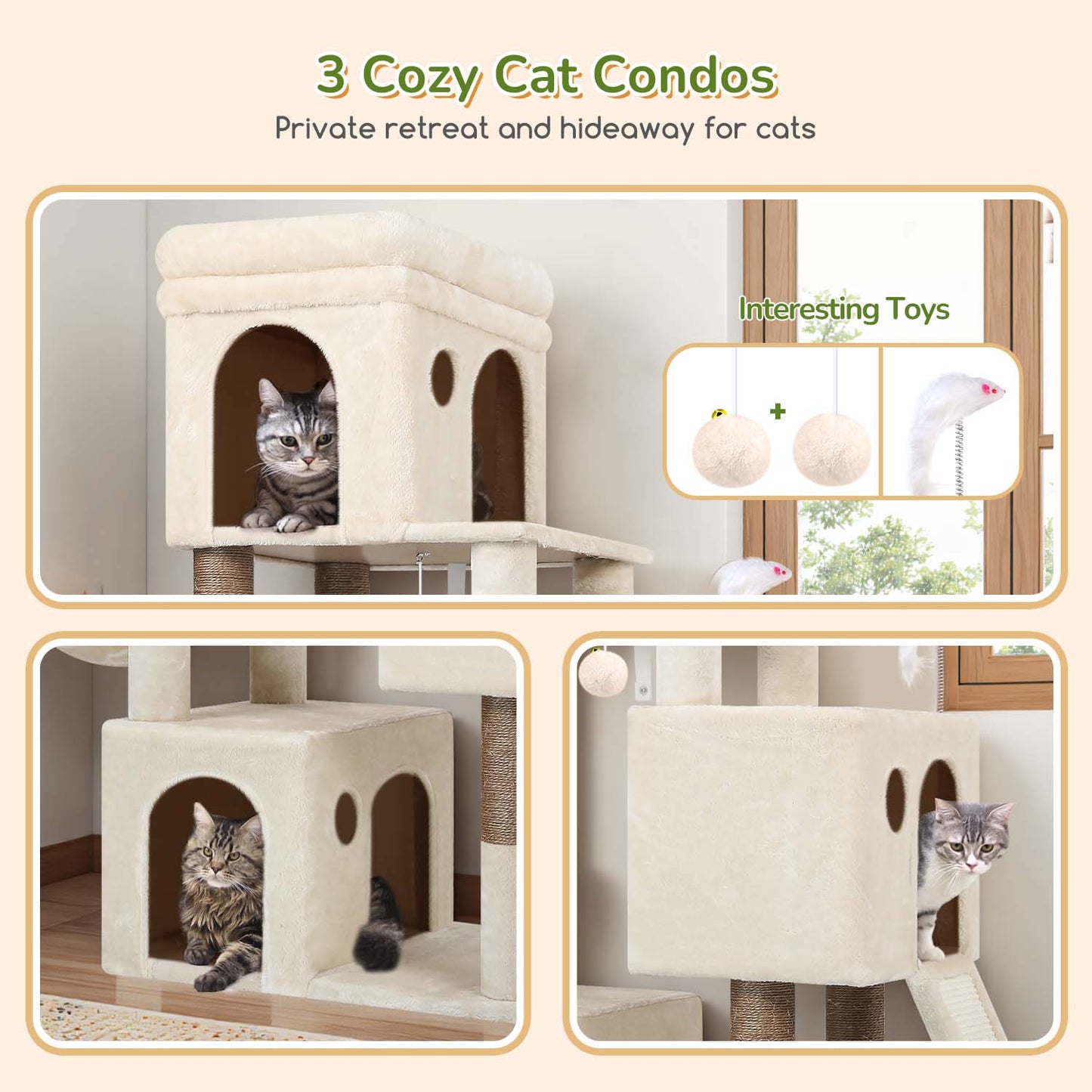 Globlazer Cat Tree Tower for Indoor Cats, 52in Multi-Level Heavy Duty Cat Tower with 4 Scratching Posts, Ladder, Sturdy Cat Tree with 3 Cat Condos for Adult Cats Kittens, Hanging Basket, F52B, Beige