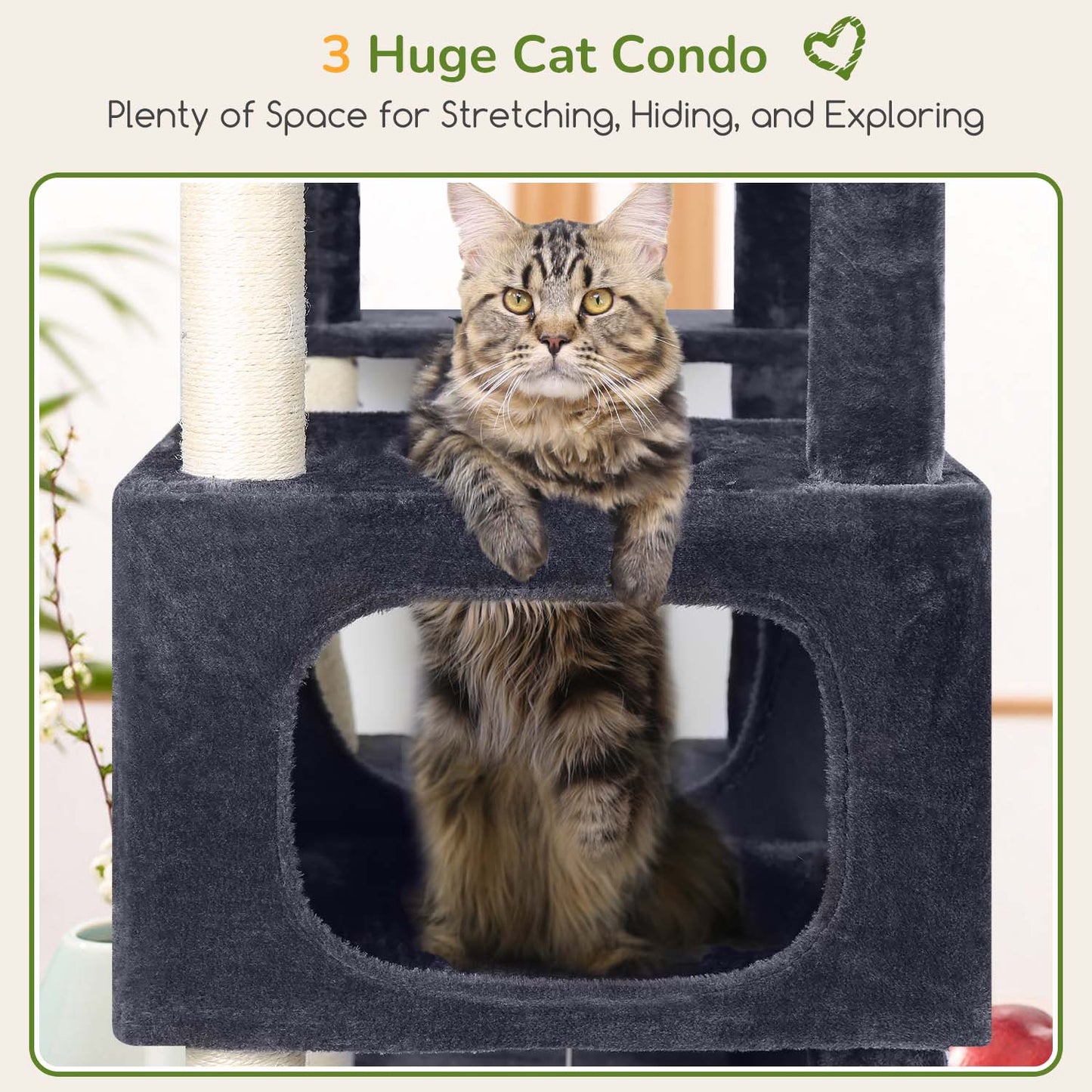 Globlazer Large Cat Tree Tower for Indoor Cats, Sturdy Heavy Duty Cat Condo with 3 Spacious Cat Houses, Oversized Top Perch and 6 Full Sisal Posts, Modern Cat Furniture for Large Cats, S80, Dark Grey
