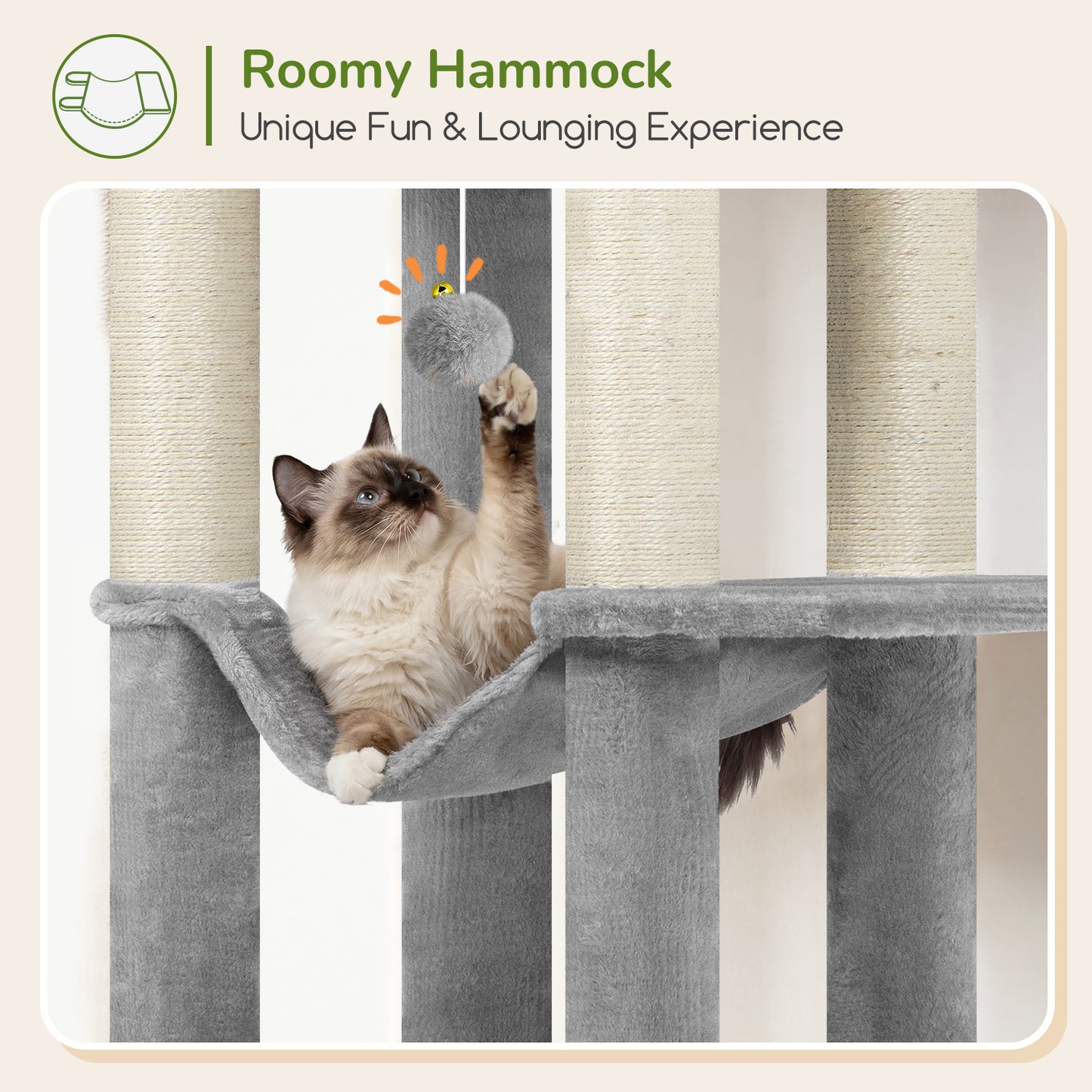 Globlazer Tall Cat Tree Tower for Large Adult Cats, Multi-Level Large 65 Inch Cat Scratching Tower with Hammock, 6 Scratching Posts, Basket and 2 Perches for Indoor Multiple Cats, F65D, Light Grey
