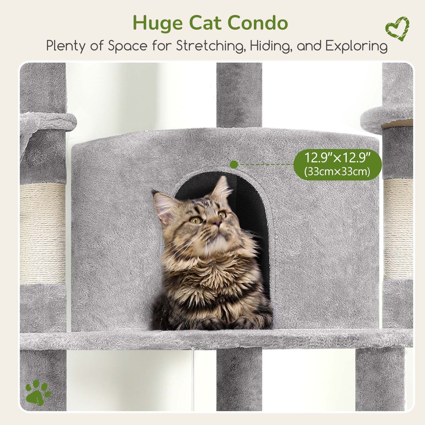 Globlazer Corner Cat Tree Tower for Indoor Cats, 51in Multi-Level Cat Condo Tower with Large Hammock, 7 Sisal Scratching Posts, Oversized Top Perch, Spacious Cat Cave, Hanging Basket, C51, Light Gray