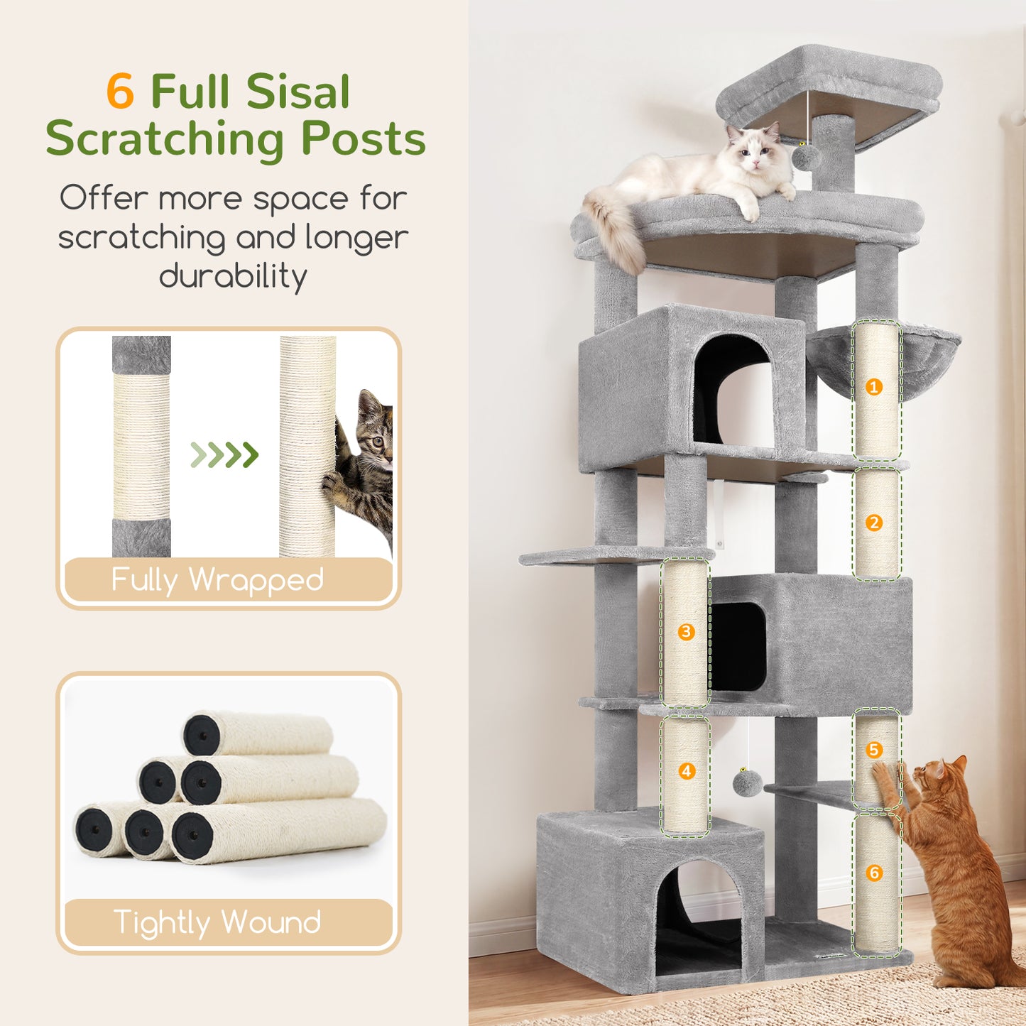 Globlazer Extra Large Cat Tree Tower for Indoor Cats Large Adult, 80in Tall Heavy Duty Cat Tree with 3 Spacious Cat Condos, Oversized Fan-Shaped Perch, 6 Full Sisal Scratching Posts, S80, Light Grey