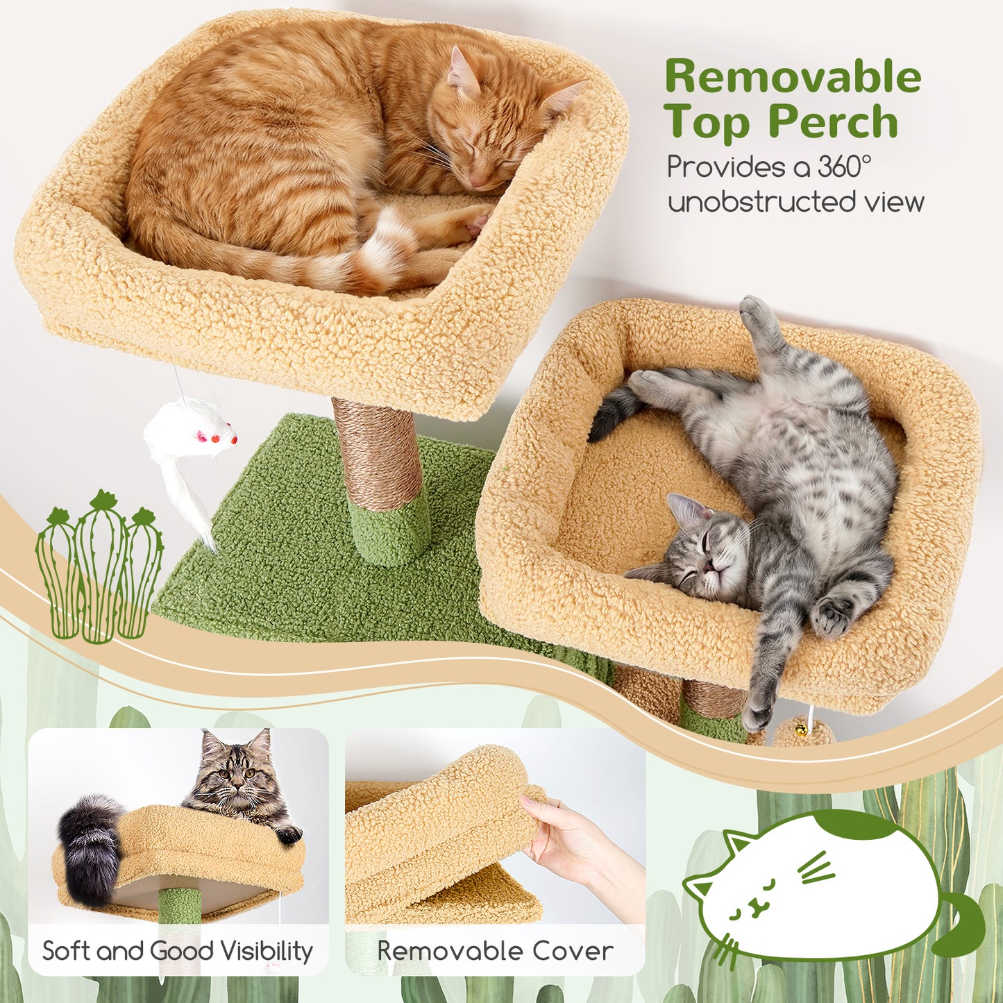 Globlazer Cactus Cat Tree Tall, 71 inches Cat Tower for Indoor Adult Cats Multi-Level 3 Condos for Indoor Cats XL Cat Tree Tower with Scratching Posts, Soft Extra Large Hanging Basket, F71, Green