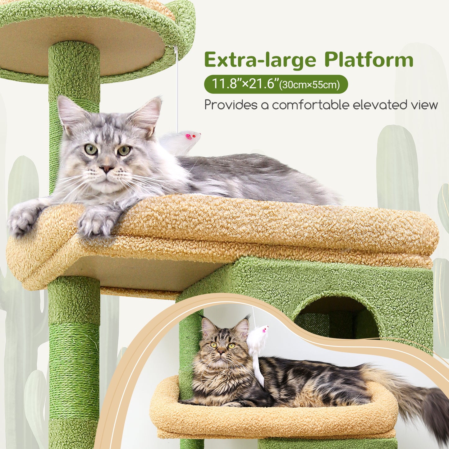 Globlazer Heavy Duty Cactus Cat Trees for Large Cats, Sturdy 72in Maine Coon Cat Tree for Large Cats 20 lbs+ Heavy Duty Cat Tower for Adult Biggest Cat with 6 Scratching Posts, Hammock, S72, Green
