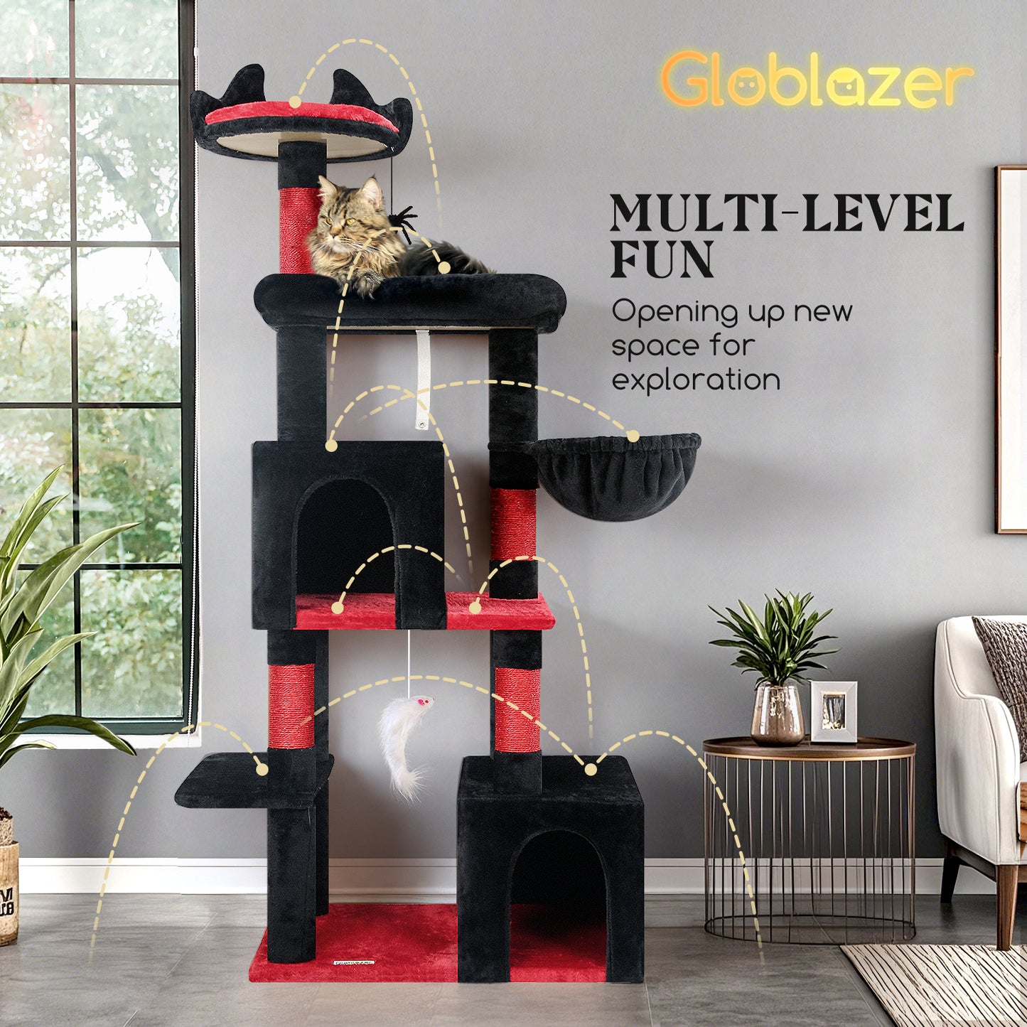 Globlazer Gothic Cat Tree, 62in Goth Cat Tower Kitty Cat Climbing Tower with Large Platform for Indoor Cats, Scratching Posts, Cozy Caves, F62, Black