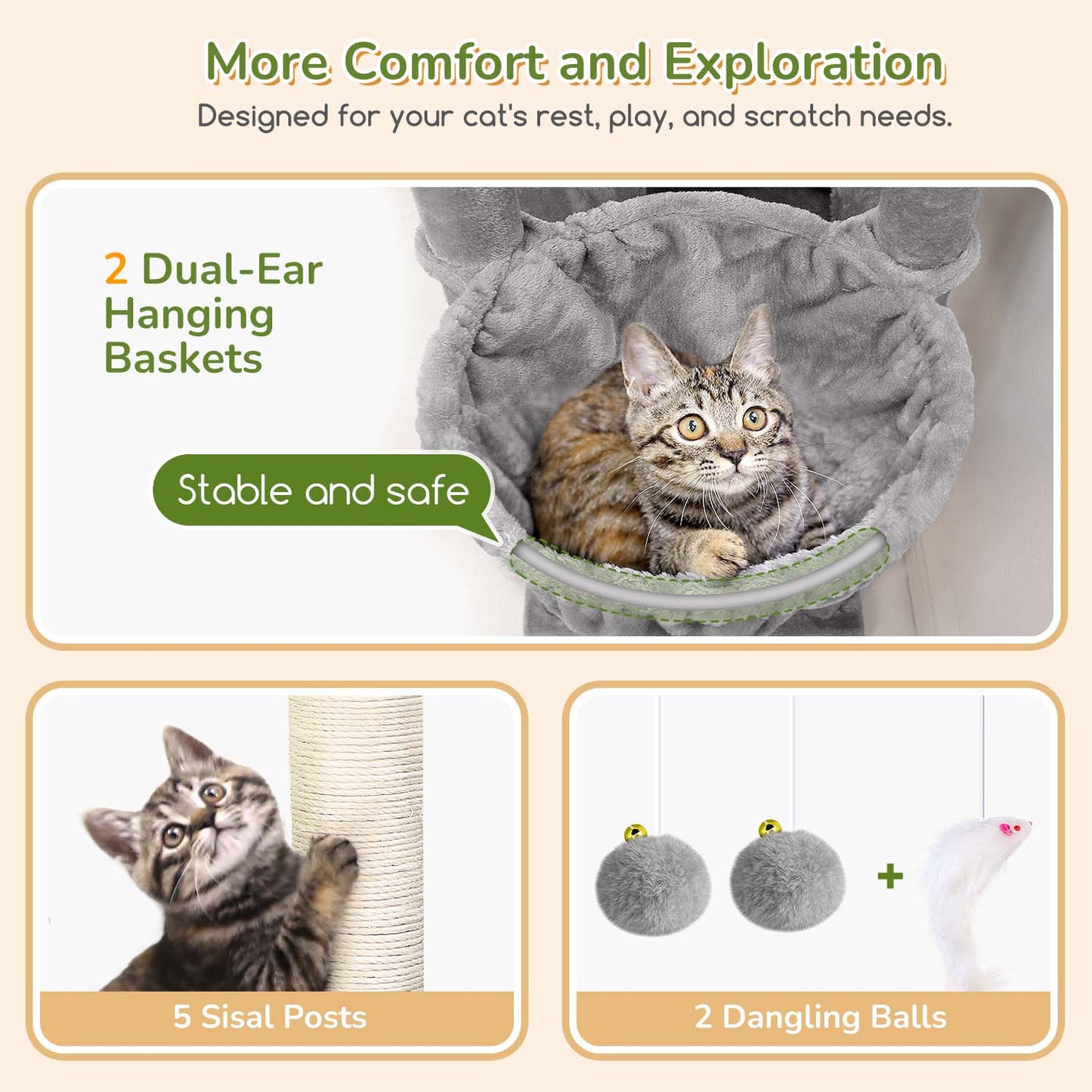 Globlazer Extra Large Cat Tree Tower for Indoor Cats, 74inch Tall Cat Tree Tower for Large Cats Adult with 5 Scratching Posts, 2 Spacious Condos, 2 Big Hanging Baskets, Enlarged Perch, S74, Light Grey