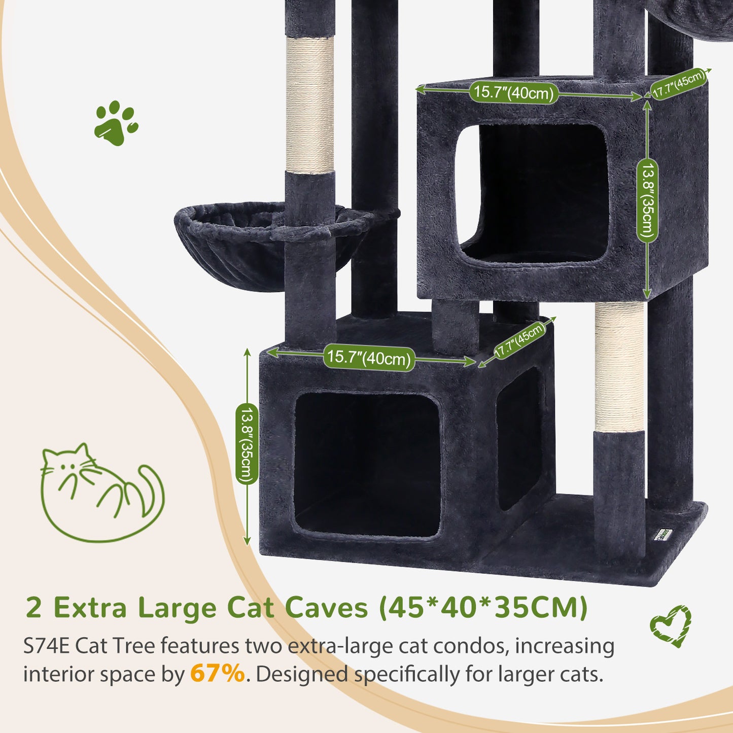Globlazer 74In Sturdy Cat Tree for Large Cats, Heavy Duty Multi-Level Tall Cat Tree Tower for Multiple Indoor Adult Cats with Scratching Posts, 2 Cat Condos, 2 Top Perches, S74E, Dark Grey