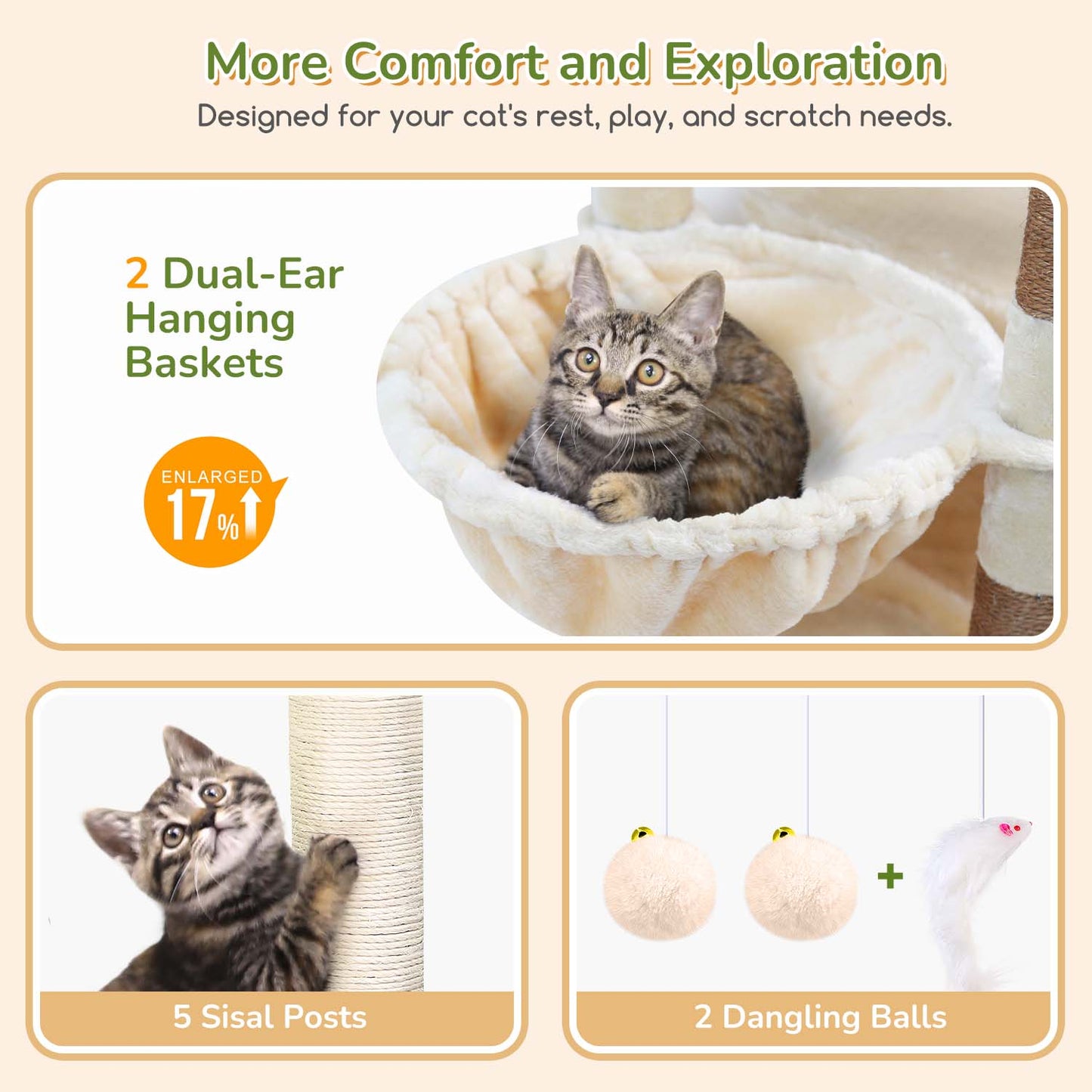 Globlazer Extra Large Cat Tree Tower for Indoor Cats, 74inch Tall Cat Tree Tower for Large Cats Adult with 5 Scratching Posts, 2 Spacious Condos, 2 Big Hanging Baskets, Enlarged Perch, S74, Beige