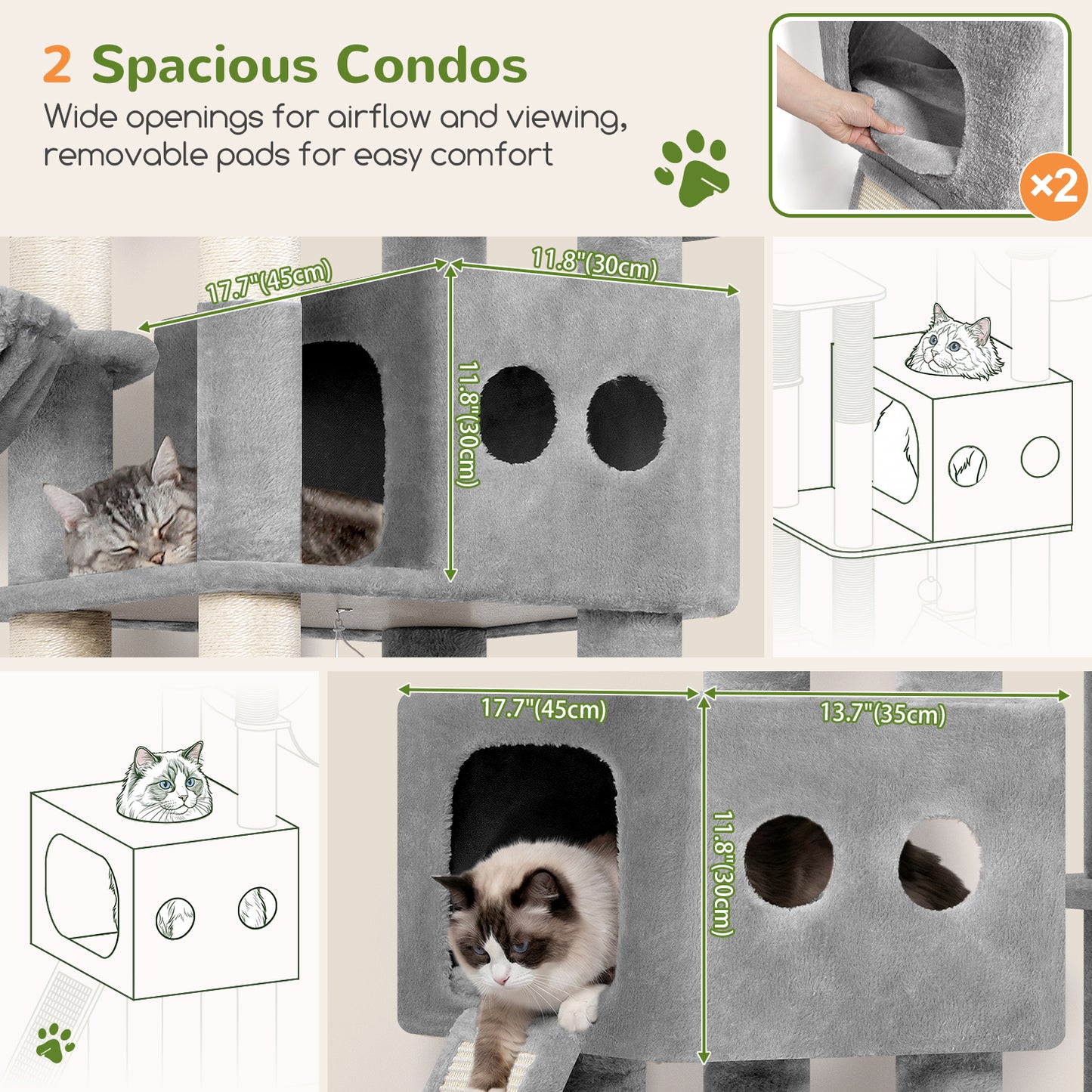 Globlazer Cat Tower for Large Cats, 81 inch Cat Tree for Indoor Cats Large Adult, Tall Cat Tower with 2 Condos, 2 Baskets, Hammock, Large Perch, 8 Sisal Posts, Scratching Board, S81G, Light Grey