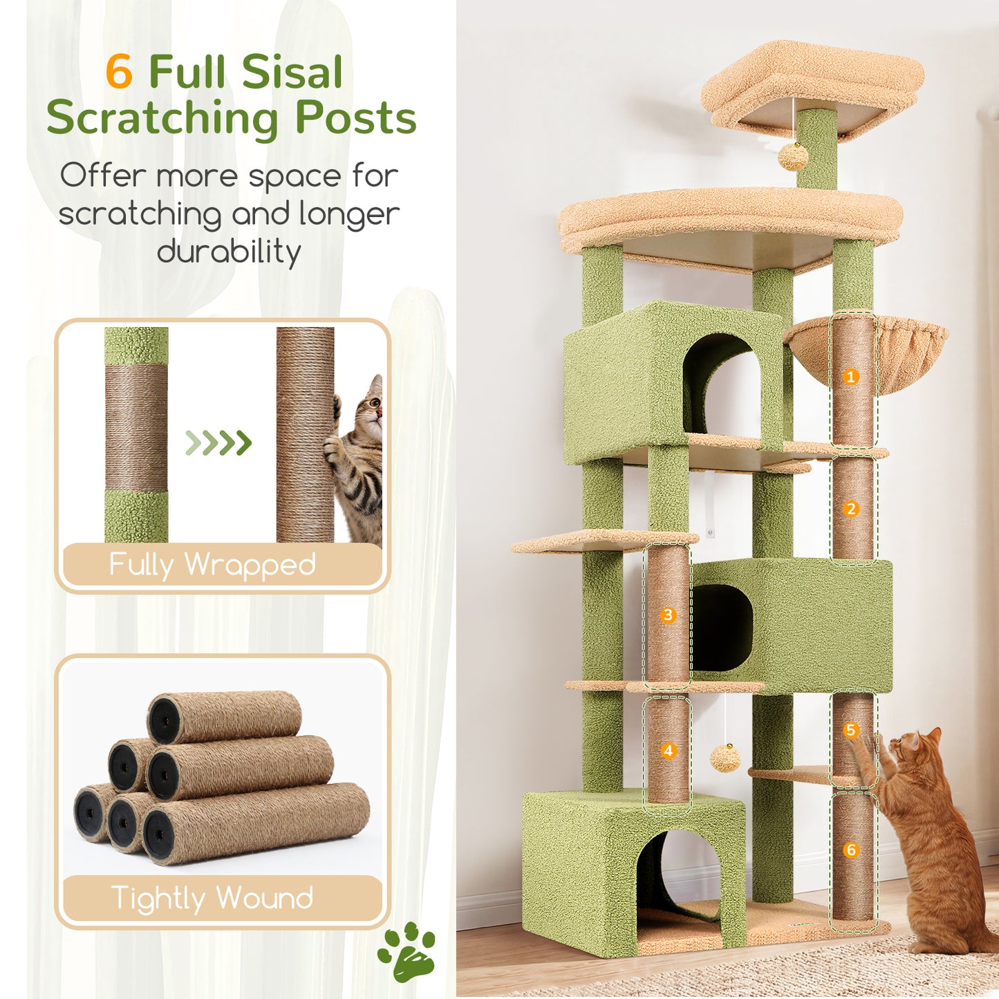 Globlazer Extra Large Catus Cat Tree Tower for Indoor Cats Large Adult, 80in Tall Heavy Duty Cat Tree with 3 Spacious Cat Condos, Oversized Fan-Shaped Perch, 6 Sisal Scratching Posts, S80, Green