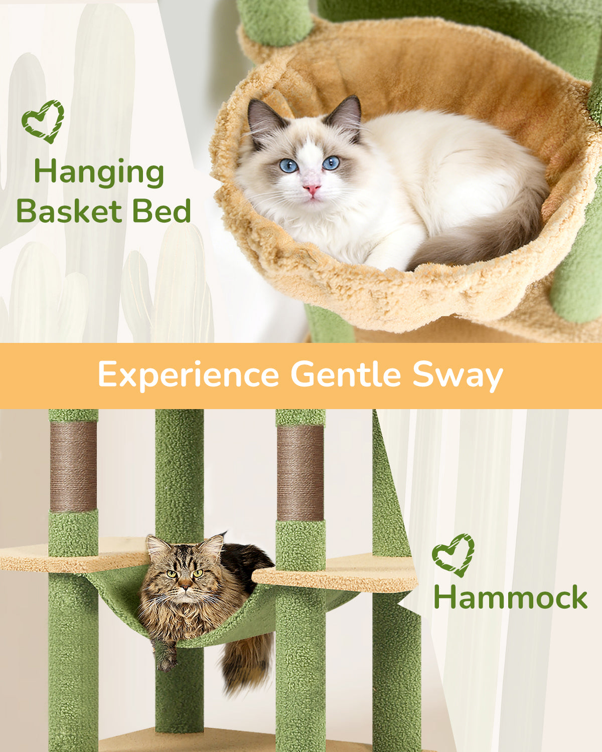 Globlazer Cactus Heavy Duty Cat Tree Tower 80in Tall Extra Large Cat Tree Tower for Multiple Indoor Cats Large Adult with Scratching Posts, 2 Spacious Condos, Padded Perches, Soft Hammock, S80B, Green