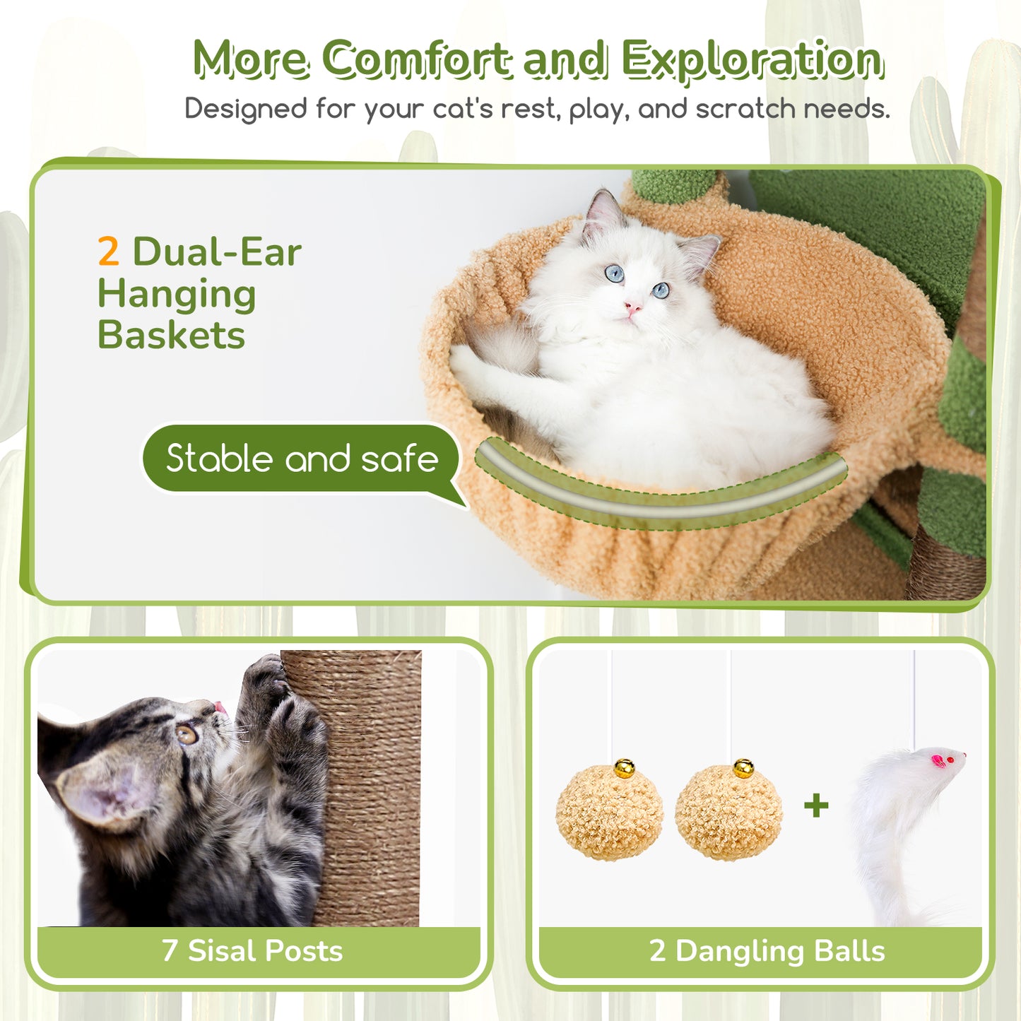 Globlazer Large Cactus Cat Tree Tower for Indoor Cats, 74in Tall Cat Tree for Large Cats Adult with 5 Scratching Posts, 2 Spacious Condo Houses, 2 Big Hanging Baskets, Enlarged Perch, S74, Dark Grey