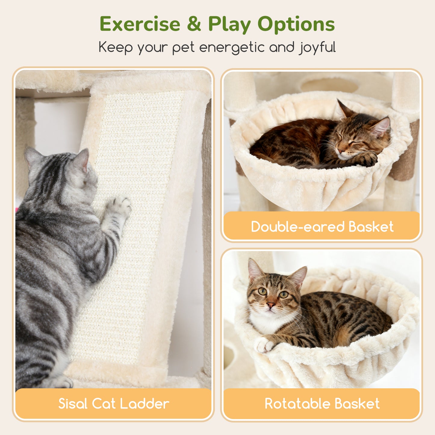 Globlazer Large Cat Tree Tower, 80inch XXL Tall Cat Tree for Multiple Indoor Cats Large Adult Kittens with Scratching Posts and Board, 3 Soft Baskets, 2 Plush Perches, 2 Cozy Condos, S80G, Beige