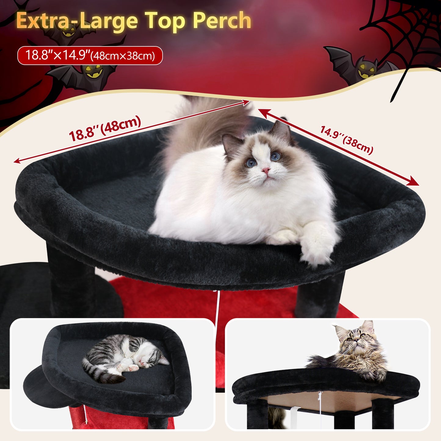 Globlazer Gothic Corner Cat Tree Tower for Large Cat, 66inch Tall Large Goth Cat Tree for Multiple Indoor Cats with 6 Scratching Posts, 2 Spacious Condos, Soft Hammock, Hanging Basket, C66, Red Black