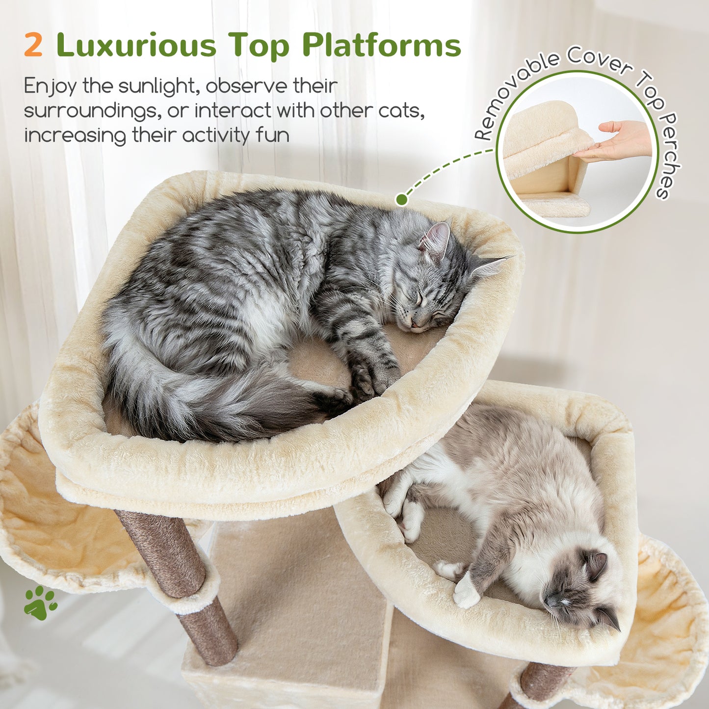Globlazer Cat Tree Tower for Indoor Cats, 63 inch Sturdy Adult Cat Tree House for Large Adult Cats with 2 Platform, 6 Cat Scratching Post, 2 Cat Caves, Dangling Toys, S63, Beige