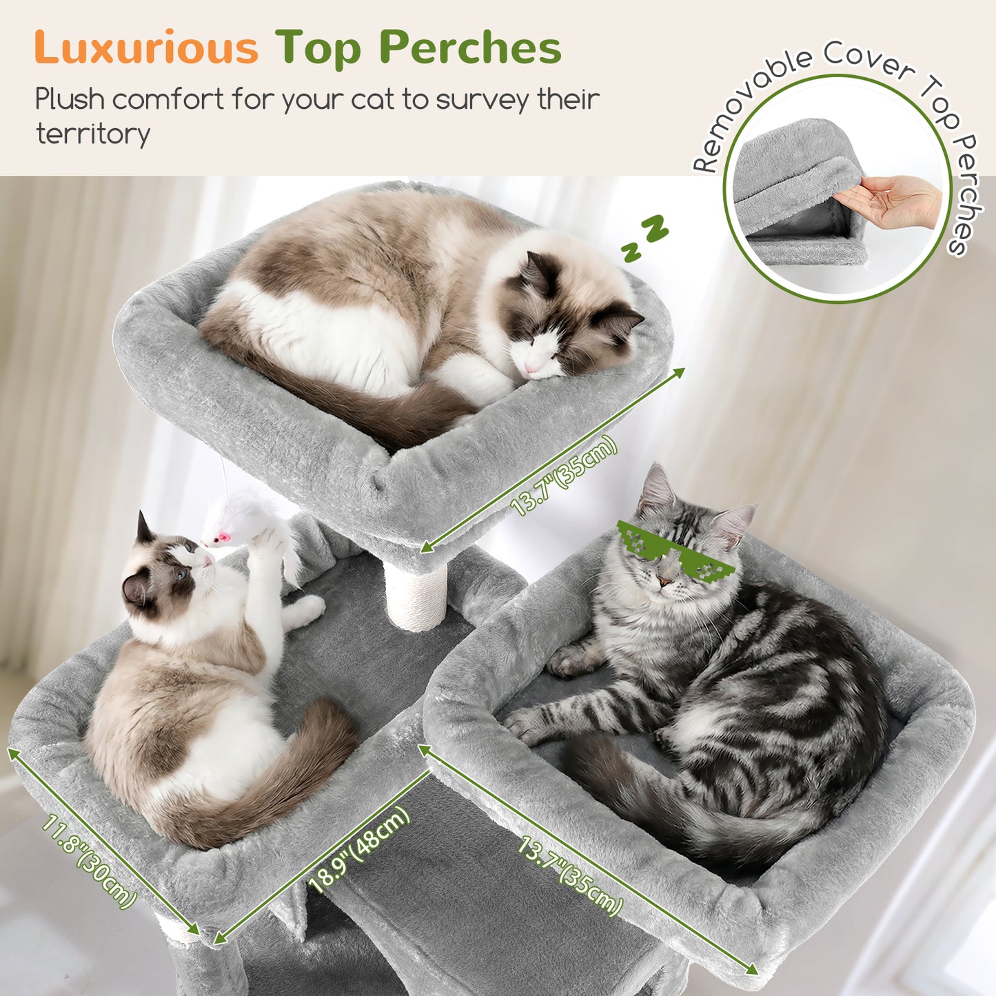Globlazer Heavy Duty Cat Tree, 73inch Sturdy Cat Tower with Scratching Post for Indoor multiple Cats, Maine Coon Cat Tree with 3 Cat Perch, Basket, 2 Cat Condo for Adult Cats Kittens, F73C, Light Grey