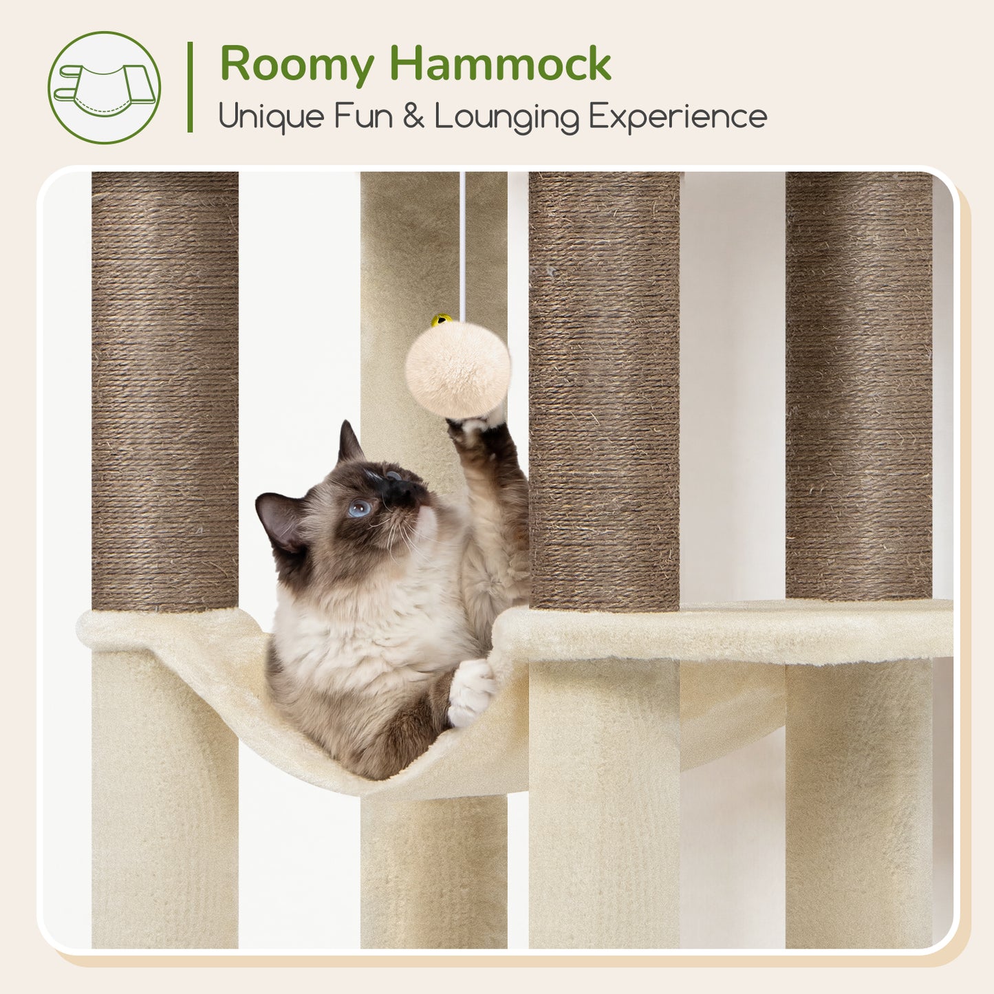 Globlazer Tall Cat Tree Tower for Large Adult Cats, Multi-Level Large 65 Inch Cat Scratching Tower with Hammock, 6 Scratching Posts, Basket and 2 Perches for Indoor Multiple Cats, F65D, Beige