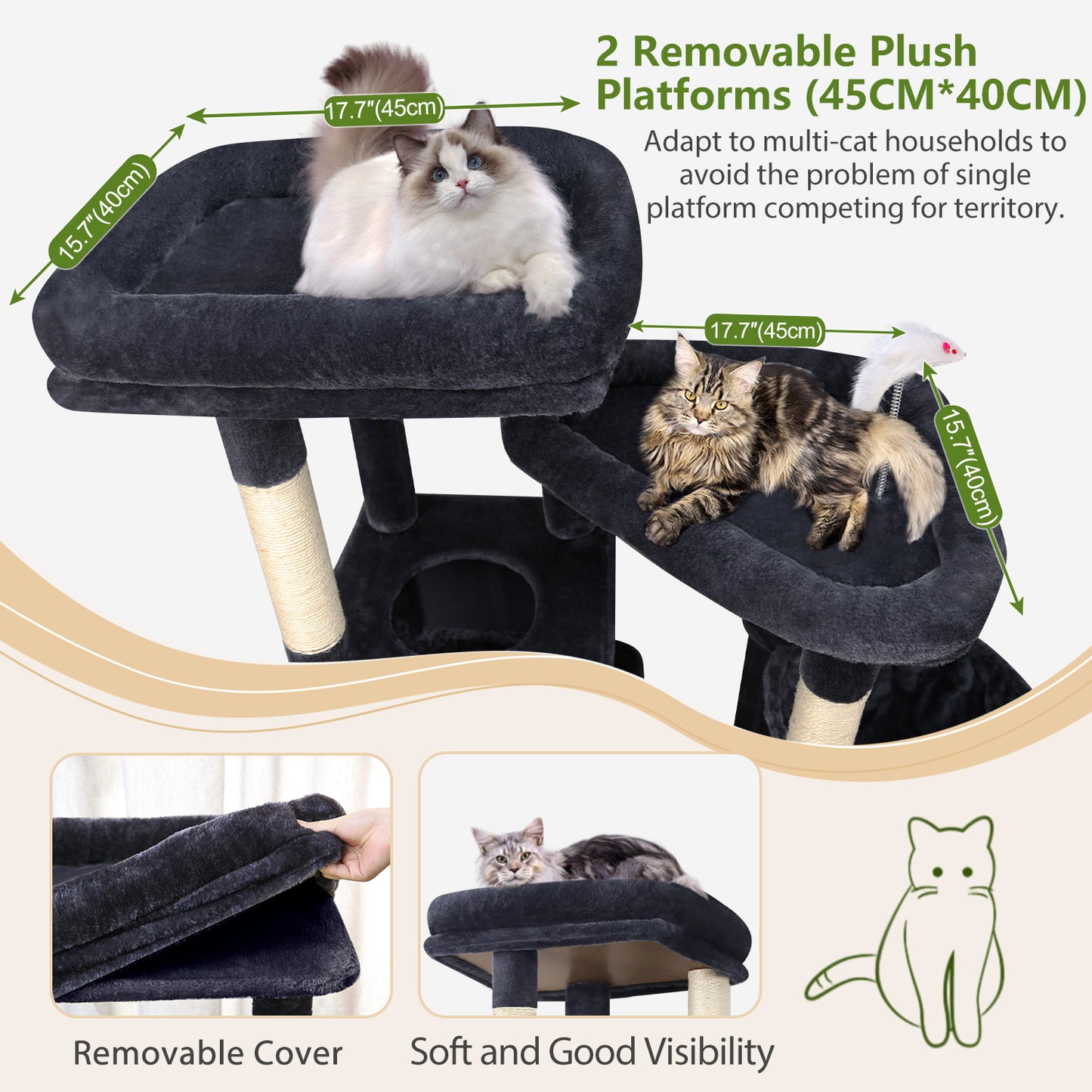 Globlazer 72" Heavy Duty Cat Tree for Large Adult Cats, Multi-Level Cat Tower with 2 Cat Condo, 2 Perchs, 6 Sisal Scratching Posts, Sisal Scratching Board, Multiple Cats, Resting Play, S72E, Dark Grey