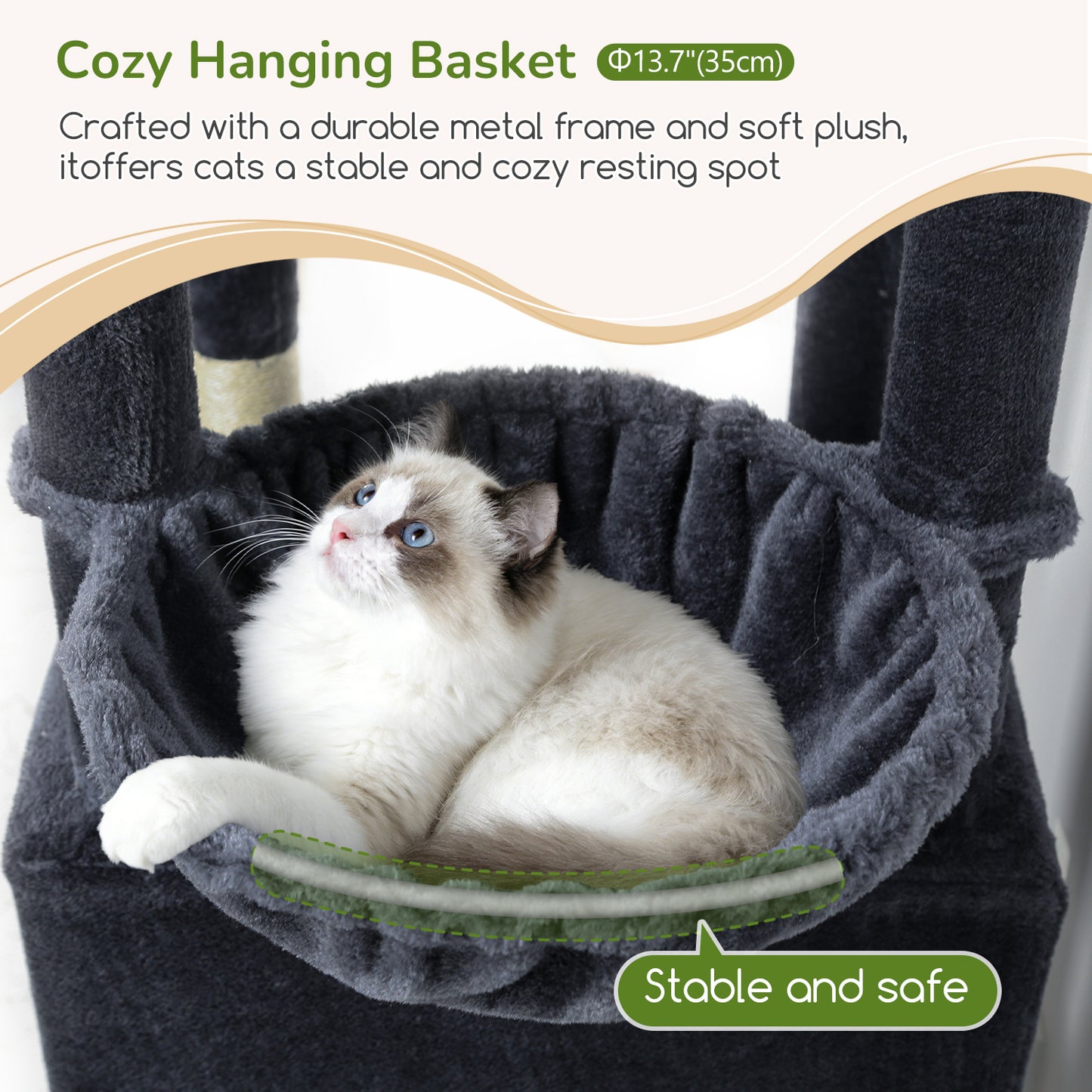 Globlazer 74in Heavy Duty Cat Tree for Large Indoor Cats, Multi-Level Cat Tower with 5 Sisal Scratching Posts, 2 Cozy Condos, Hammock, Top Perches, Climbing Ramp and Pet Bed, F74D, Dark Grey
