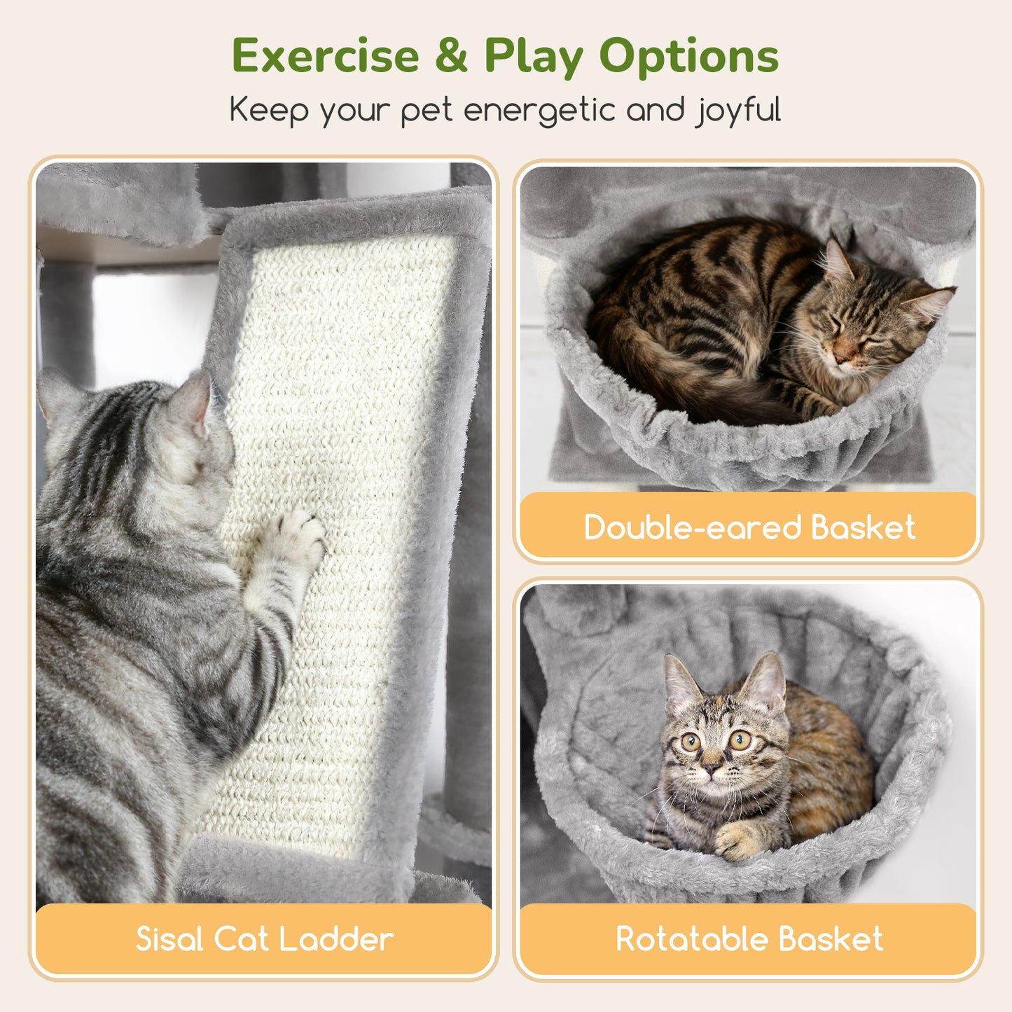 Globlazer Large Cat Tree Tower, 80inch XXL Tall Cat Tree for Multiple Indoor Cats Large Adult Kittens with Scratching Posts and Board, 3 Soft Baskets, 2 Plush Perches, 2 Cozy Condos, S80G, Light Grey