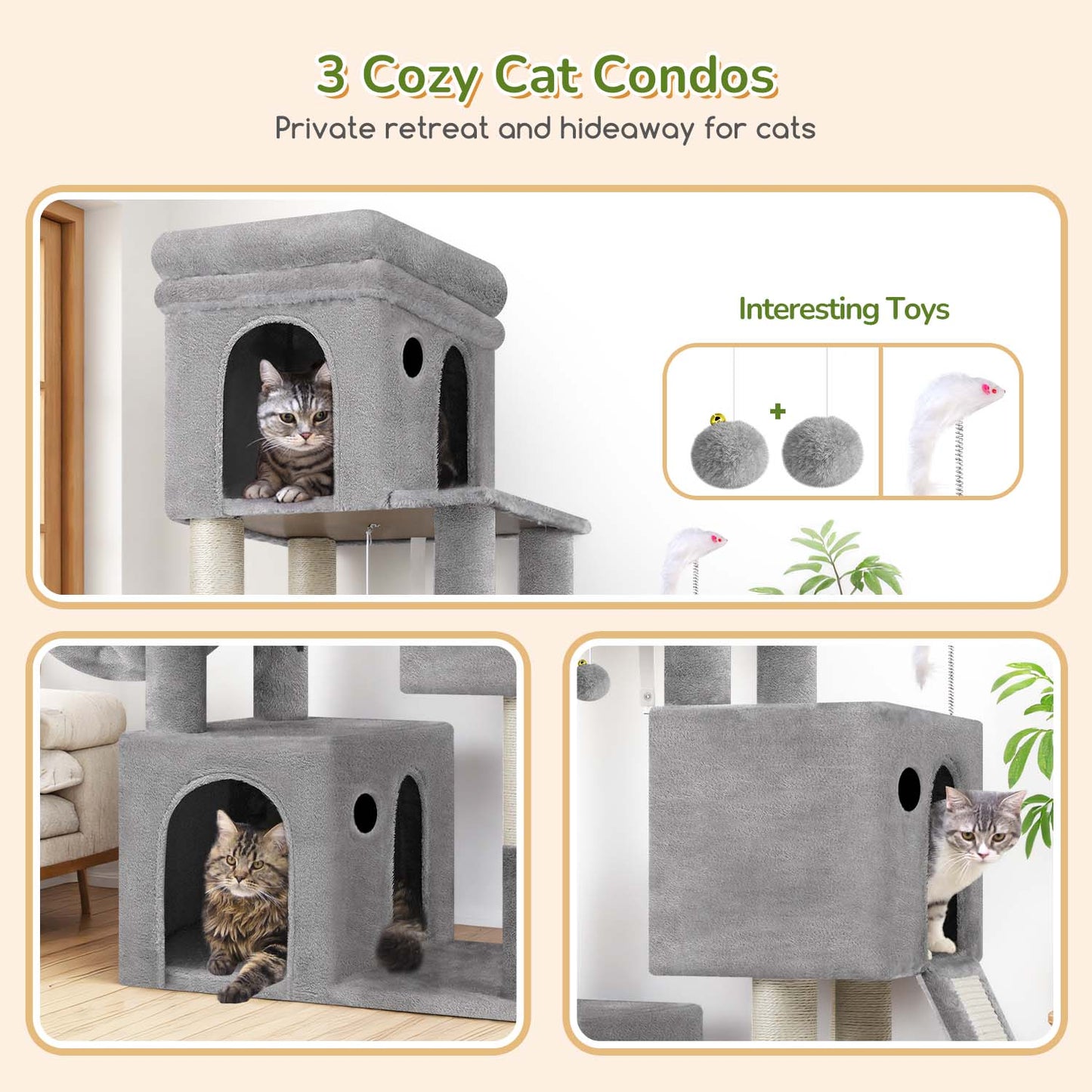Globlazer Cat Tower for Indoor Cats, 52in Multi-Level Heavy Duty Cat Tower with 4 Scratching Posts, Ladder, Sturdy Cat Tree with 3 Cat Condos for Adult Cats Kittens, Hanging Basket, F52B, Light Grey