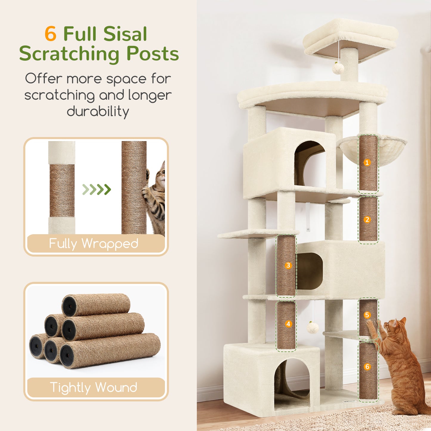 Globlazer Extra Large Cat Tree Tower for Indoor Cats Large Adult, 80in Tall Heavy Duty Cat Tree with 3 Spacious Cat Condos, Oversized Fan-Shaped Perch, 6 Full Sisal Scratching Posts, S80, Beige