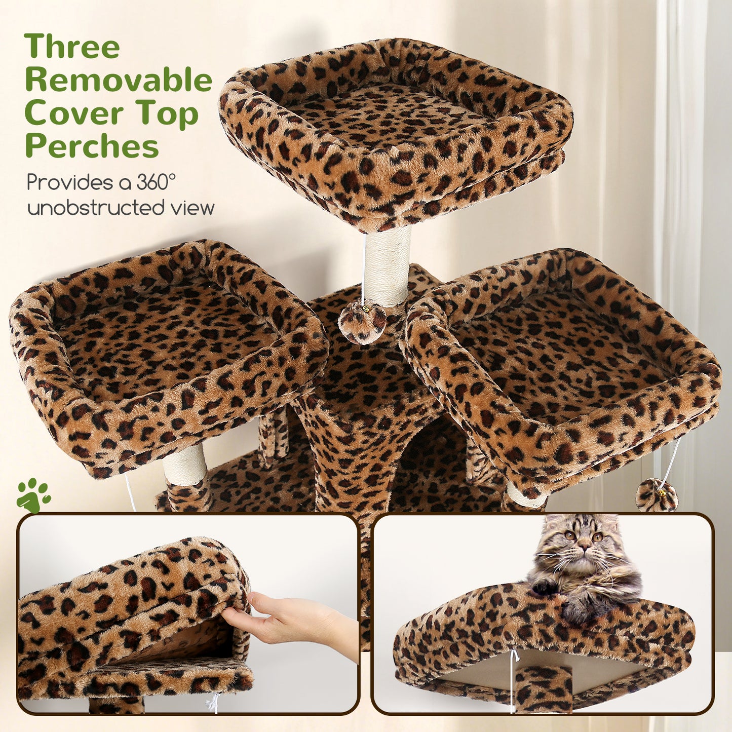 Globlazer Cat Trees and Towers for Multiple Adult Cats, 82-inch XXL Tall Cat Tree Tower for Indoor Cats with Scratching Post, 3 Perches, 2 Condos, 2 Hanging Baskets, F82, Leopard Print