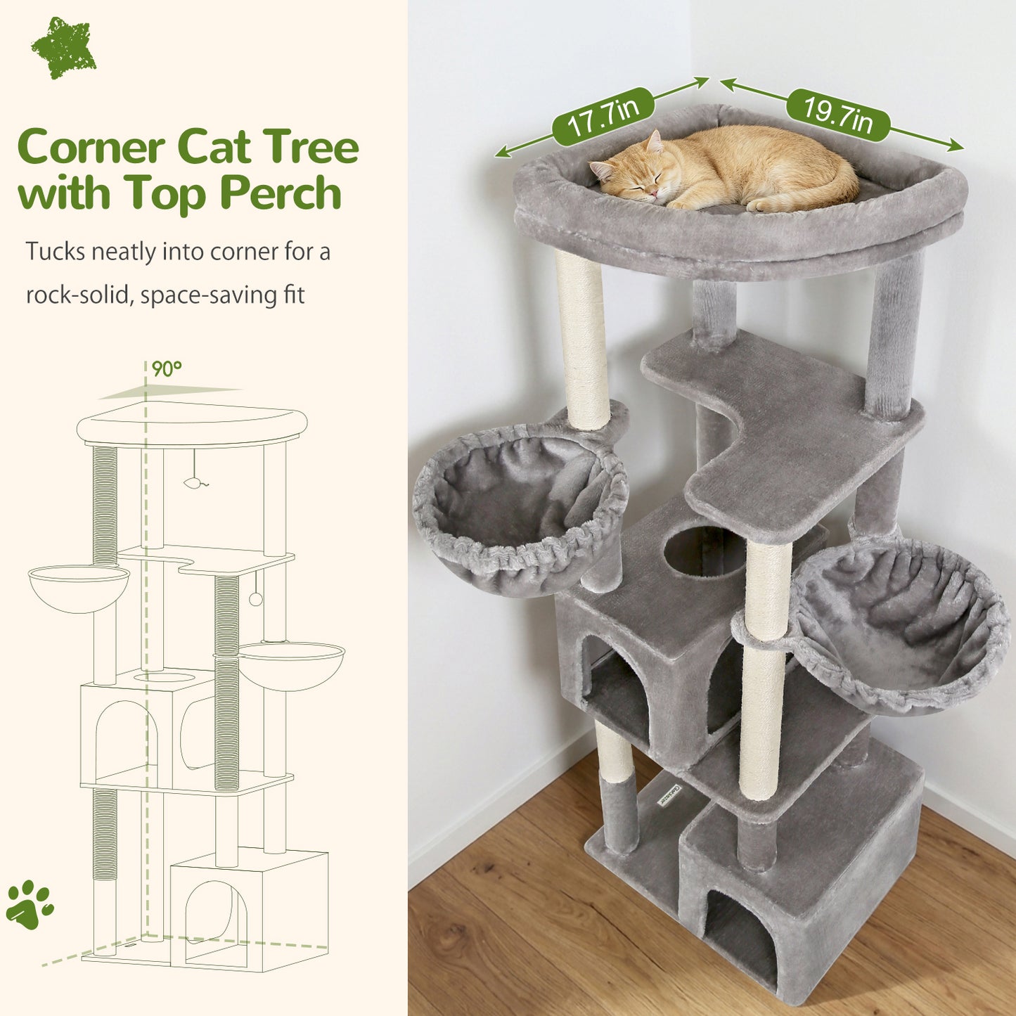 Globlazer Corner Cat Tree for Large Indoor Cats, 64in Space Saving Cat Tower with Enlarged Top Perch, 4 Scratching Posts, Multi-Level Cat Tree Tower with 2 Condos, 2 Hammocks, C64, Light Grey