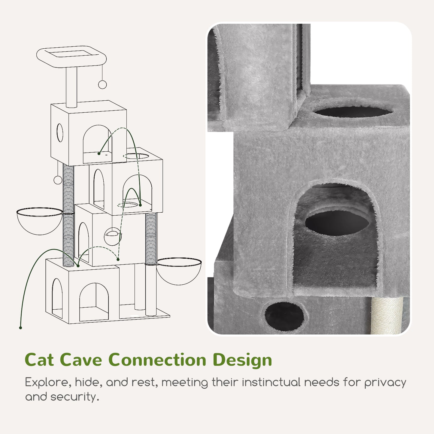Globlazer Cat Tree Tower Cat Condo for Mutilple Indoor Cats, 70in Tall Cat Tree Furniture Activity Center with 4 Cat Condos, 3 Scratching Posts, 2 Hanging Baskets, Padded Top Perch, F70C, Light Gray