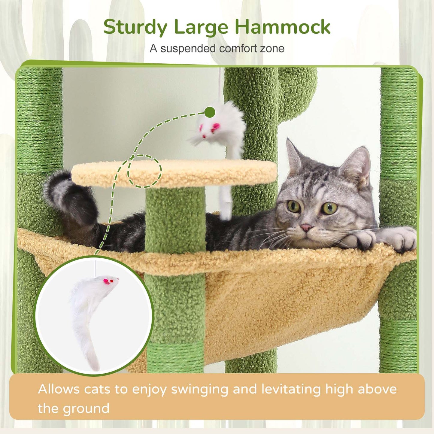 Globlazer Cactus Cat Tree Tower with 5 Scratching Post for Indoor Cats, 53inch Tall Plush Multi-Level Cat Climbing Tower Condo House with Large Hammock, Spacious Cat Cave, Padded Top Perch, F53, Green