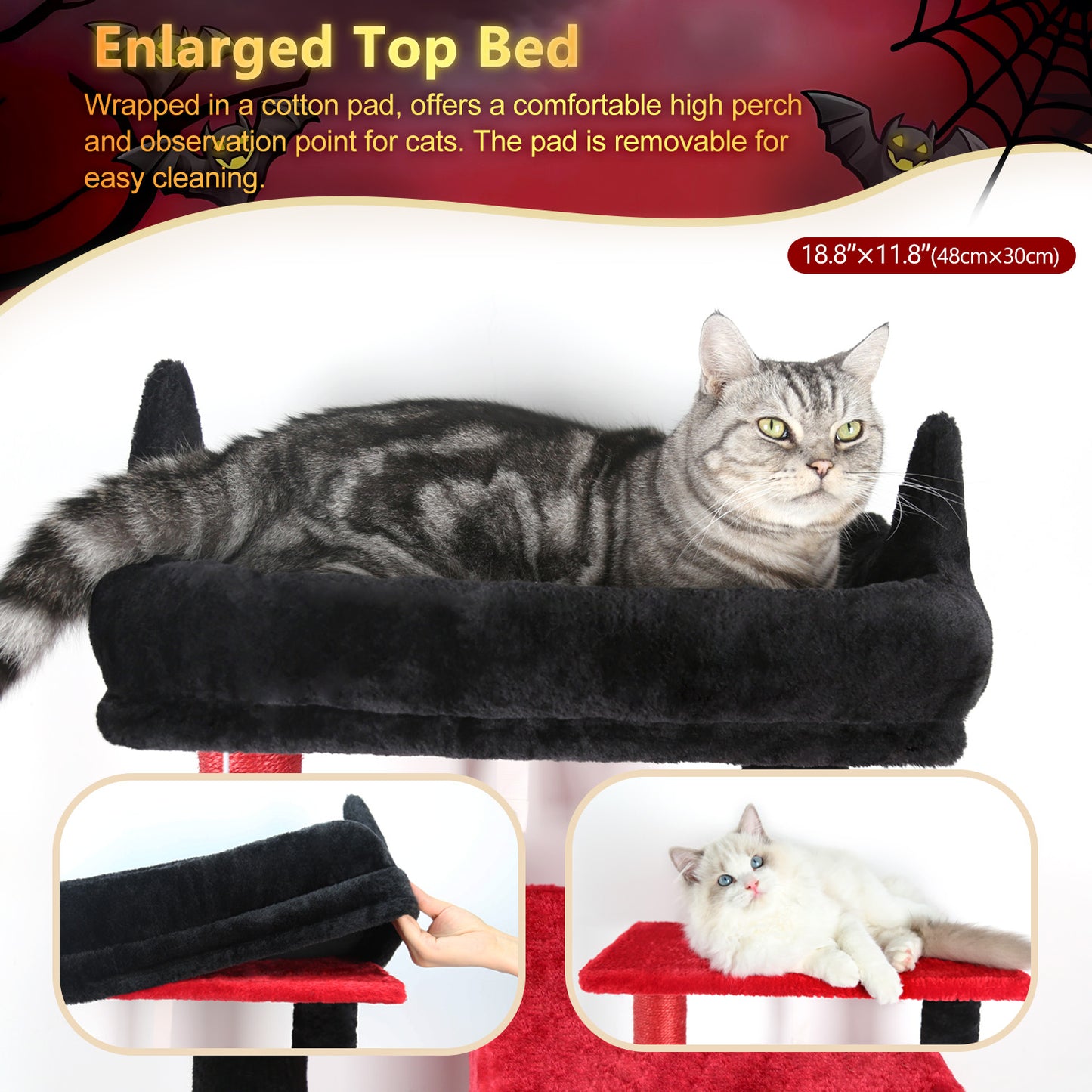 Globlazer Gothic Cat Tree Tower with 5 Scratching Post for Indoor Cats, 53in Plush Multi-Level Cat Climbing Tower Condo House with Large Hammock, Spacious Cat Cave, Padded Top Perch, F53, Black Red