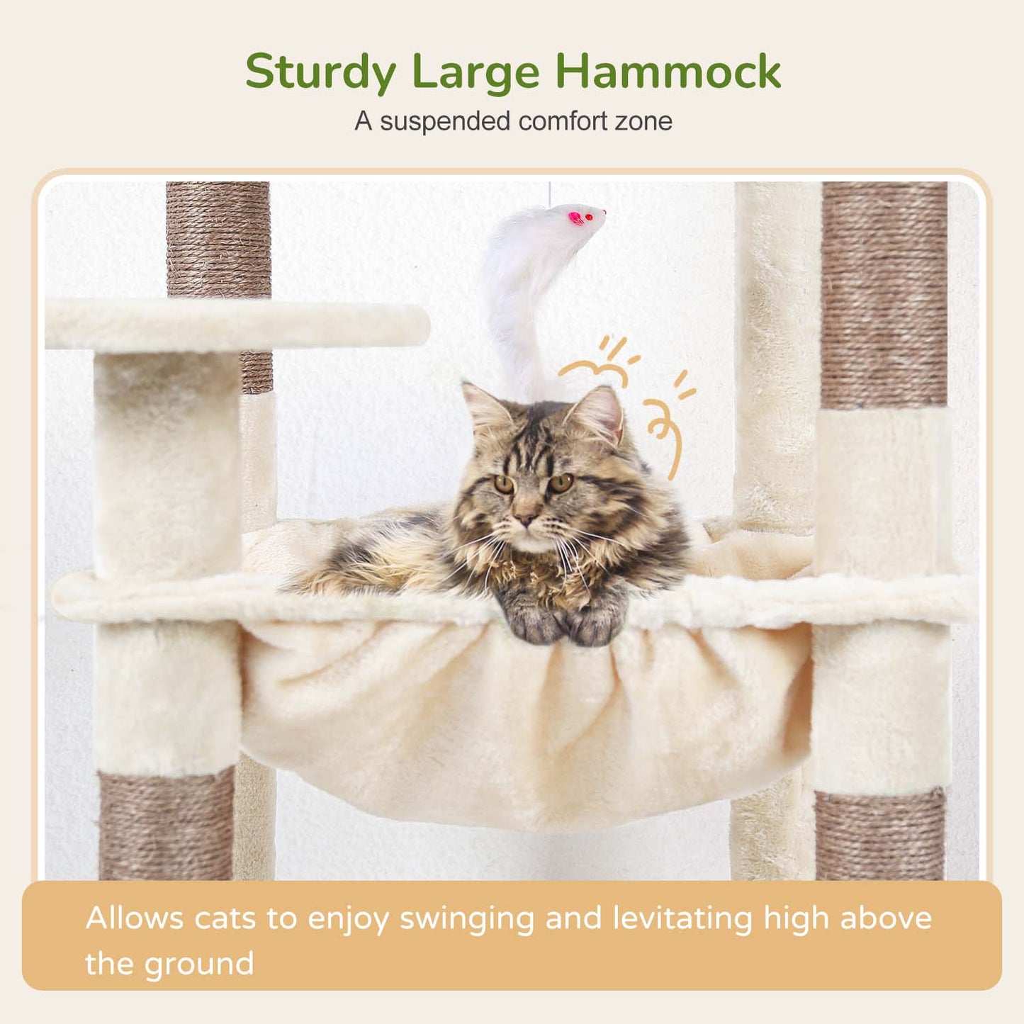 Globlazer Cat Tree Tower with 5 Scratching Posts for Indoor Cats, 53inch Tall Plush Multi-Level Cat Climbing Tower Condo House with Large Hammock, Spacious Cat Cave, Padded Top Perch, F53, Beige
