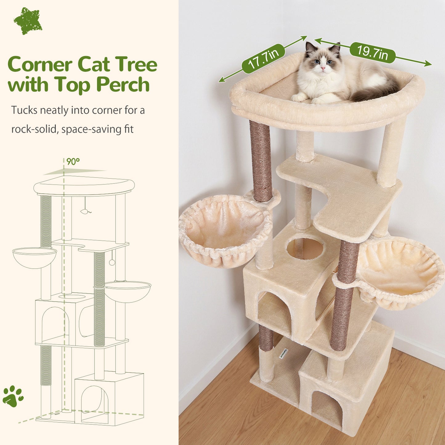 Globlazer Corner Cat Tree for Large Indoor Cats, 64in Space Saving Cat Tower with Enlarged Top Perch, 4 Scratching Posts, Multi-Level Cat Tree Tower with 2 Condos, 2 Hammocks, C64, Beige
