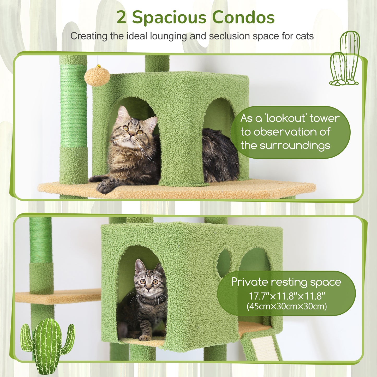 Globlazer Cactus Cat Tree Tower, 70inch Heavy Duty Cat Tree for Indoor Cats Sturdy Large Cat Tower with Scratching Post and Scratching Board, Hammock, Cat Condo for Adult Cats Kittens, F70 Pro, Green