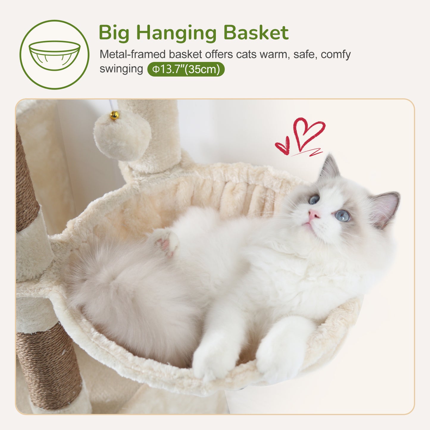 Globlazer Cat Tower for Indoor Cats, 52in Multi-Level Cat Tower with 5 Sisal Scratching Posts, Cat Tree Condo with 2 Padded Perches, 2 Cozy Condos, Big Hanging Basket, Hanging Toys, S52, Beige