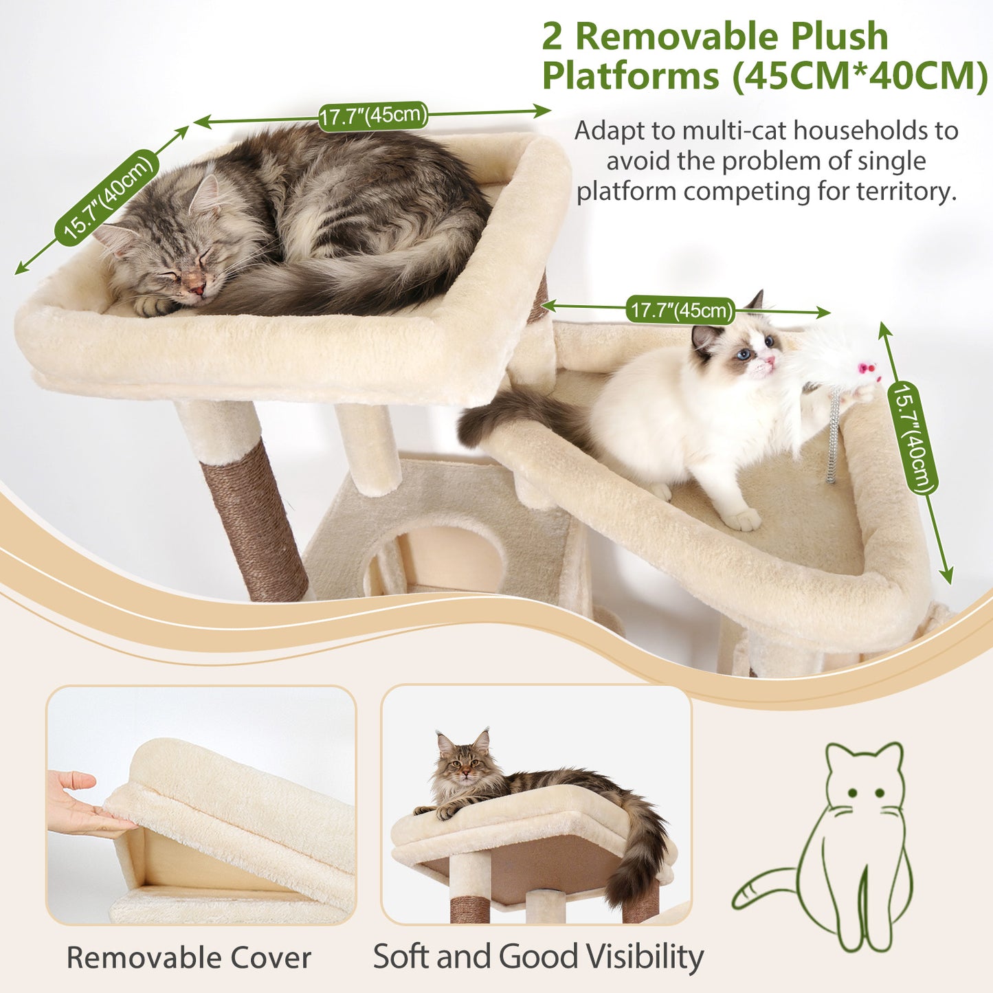Globlazer 72" Heavy Duty Cat Tree for Large Adult Cats, Multi-Level Cat Tower with 2 Cat Condo, 2 Perchs, 6 Sisal Scratching Posts, Sisal Scratching Board, Multiple Cats, Resting Play, S72E, Beige