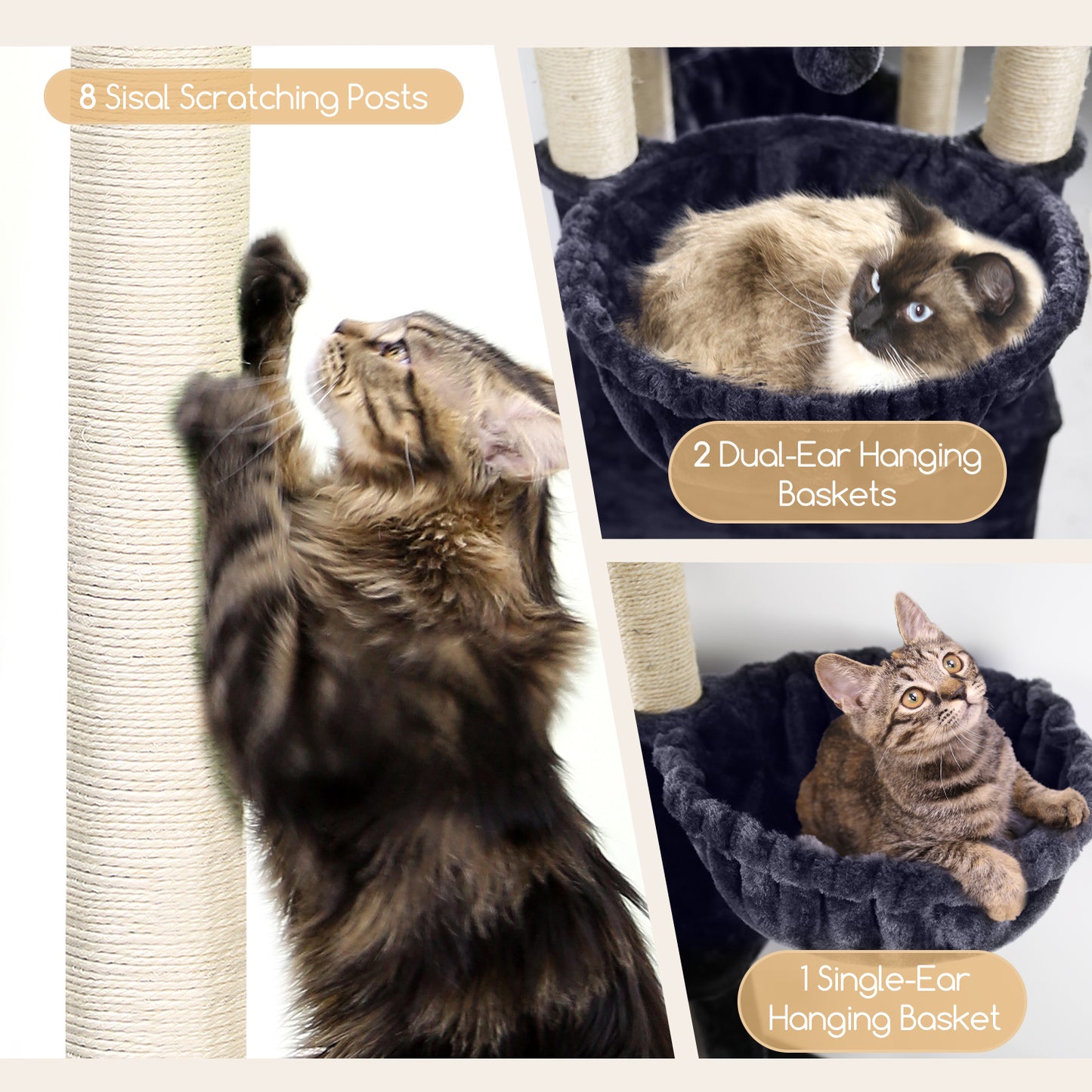 Globlazer Extra Large Cat Tree Tower, 82in Tall Heavy Duty Cat Tree for Indoor Cats Large Adult Big Cat Tower with 8 Scratching Posts, 2 Cat Condos, 2 Padded Perches, 3 Hanging Baskets, S82, Dark Gray