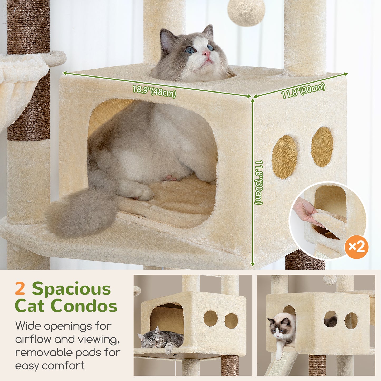 Globlazer 74in Tall Cat Tree for Indoor Cats Large Adult, Sturdy Heavy Duty Cat Tree Tower with 7 Scratching Posts for Multiple Cats, 2 Spacious Condos, 2 Hanging Baskets, S74G, Beige