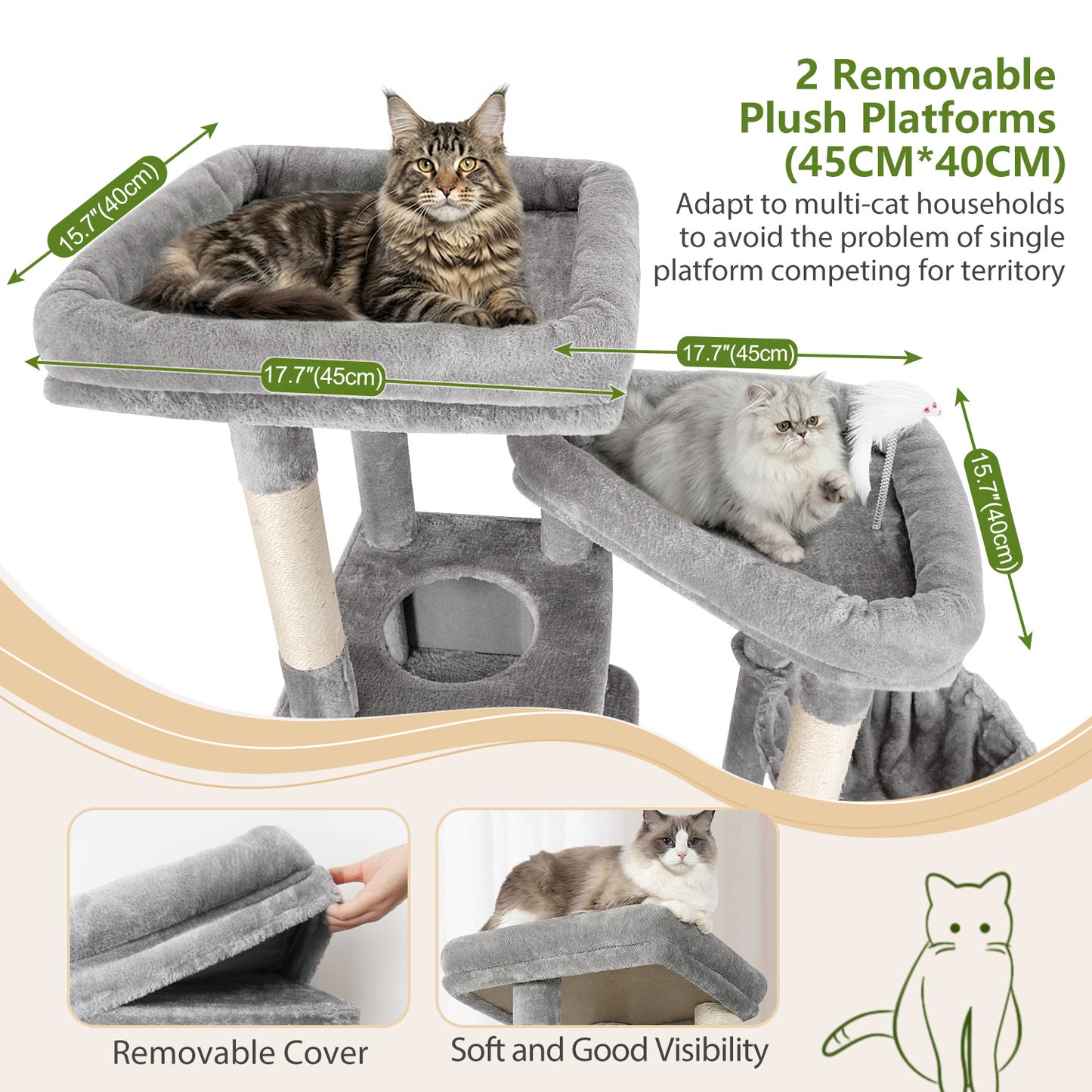 Globlazer 72" Heavy Duty Cat Tree for Large Adult Cats, Multi-Level Cat Tower with 2 Cat Condo, 2 Perchs, 6 Scratching Posts, Sisal Scratching Board, Multiple Cats, Resting Play, S72E, Light Grey
