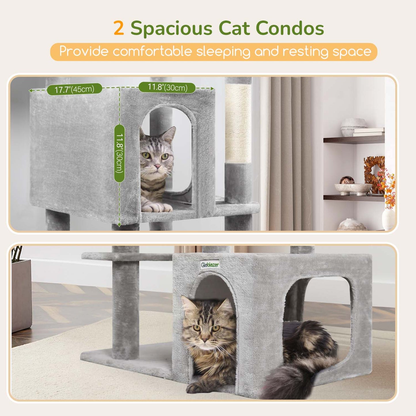Globlazer Cat Tree Tower for Indoor Cats Large Adult, 70in Tall Cat Tree with 2 Spacious Cat Condos, 2 Top Perches and 5 Scratching Posts, Expandable Cat Tower, Use Alone or Combine, F70E, Light Gray