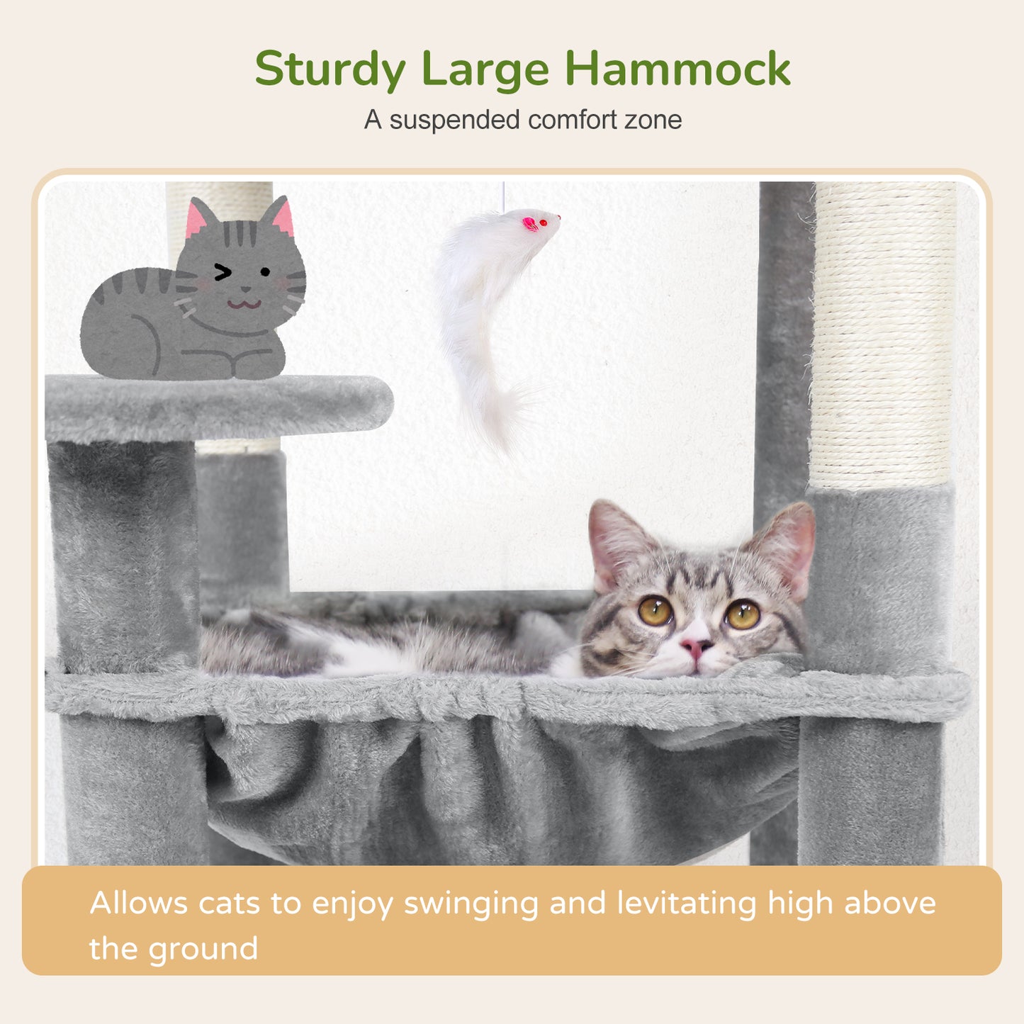 Globlazer Cat Tree Tower with 5 Scratching Post for Indoor Cats, 53inch Tall Plush Multi-Level Cat Climbing Tower Condo House with Large Hammock, Spacious Cat Cave, Padded Top Perch, F53, Light Gray