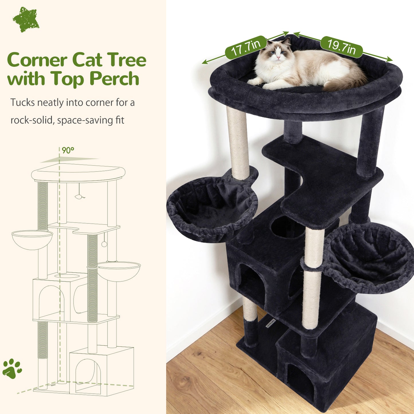 Globlazer Corner Cat Tree for Large Indoor Cats, 64in Space Saving Cat Tower with Enlarged Top Perch, 4 Scratching Posts, Multi-Level Cat Tree Tower with 2 Condos, 2 Hammocks, C64, Dark Grey