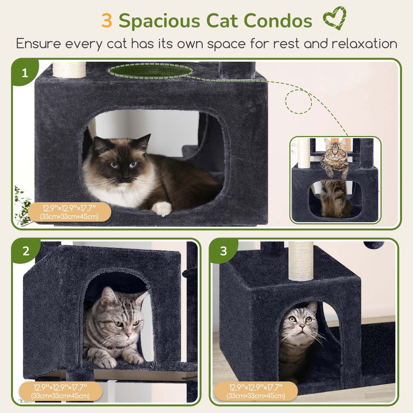 Globlazer Large Cat Tree Tower for Indoor Cats, Sturdy Heavy Duty Cat Condo with 3 Spacious Cat Houses, Oversized Top Perch and 6 Full Sisal Posts, Modern Cat Furniture for Large Cats, S80, Dark Grey