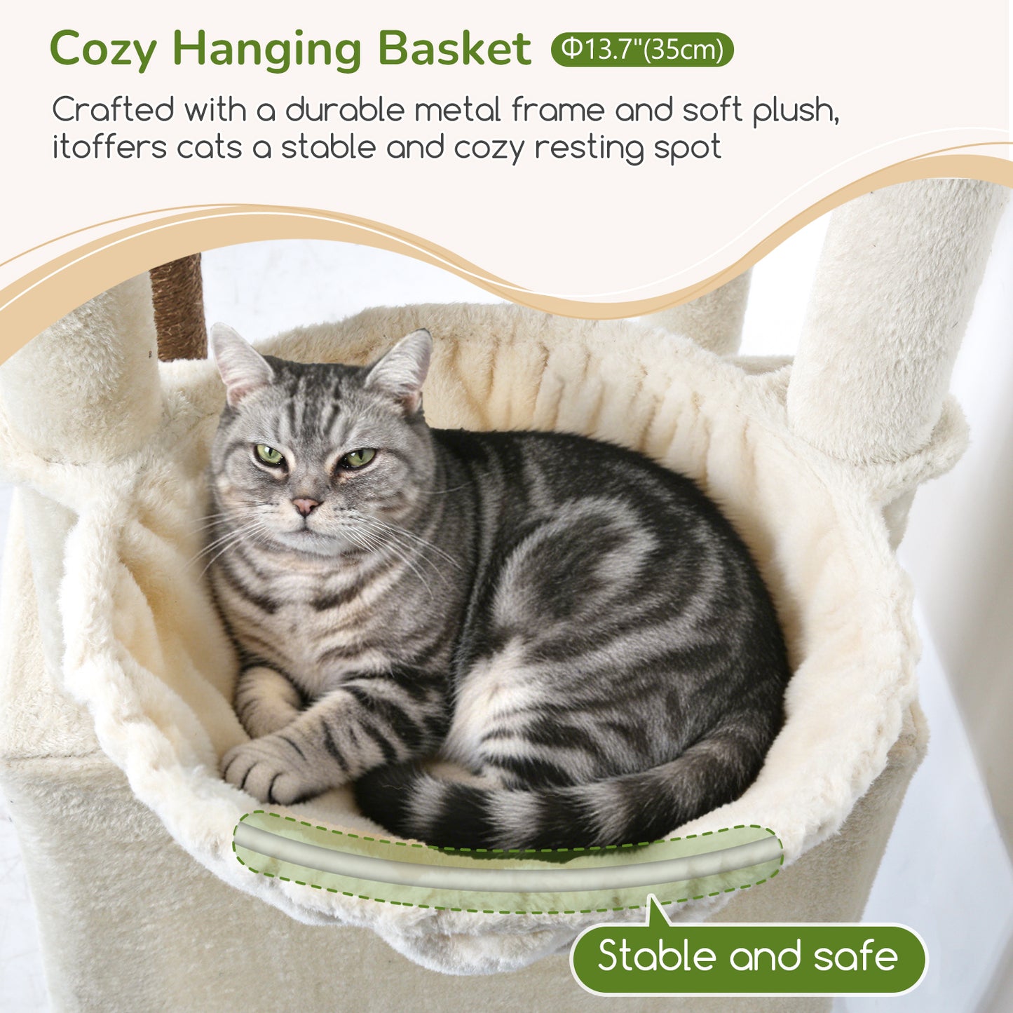 Globlazer 74in Heavy Duty Cat Tree for Large Indoor Cats, Multi-Level Cat Tower with 5 Sisal Scratching Posts, 2 Cozy Condos, Hammock, Top Perches, Climbing Ramp and Pet Bed, F74D, Beige