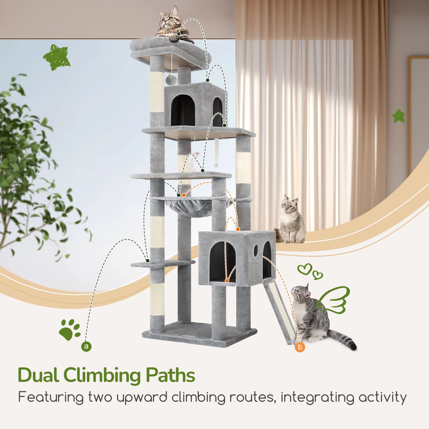 Globlazer Heavy Duty Cat Tree, 70 inch Sturdy Cat Tree for Indoor Cats Extra Large Cat Tower with Scratching Post, Hammock, Cat Condo for Adult Cats Kittens, F70 Pro, Light Grey