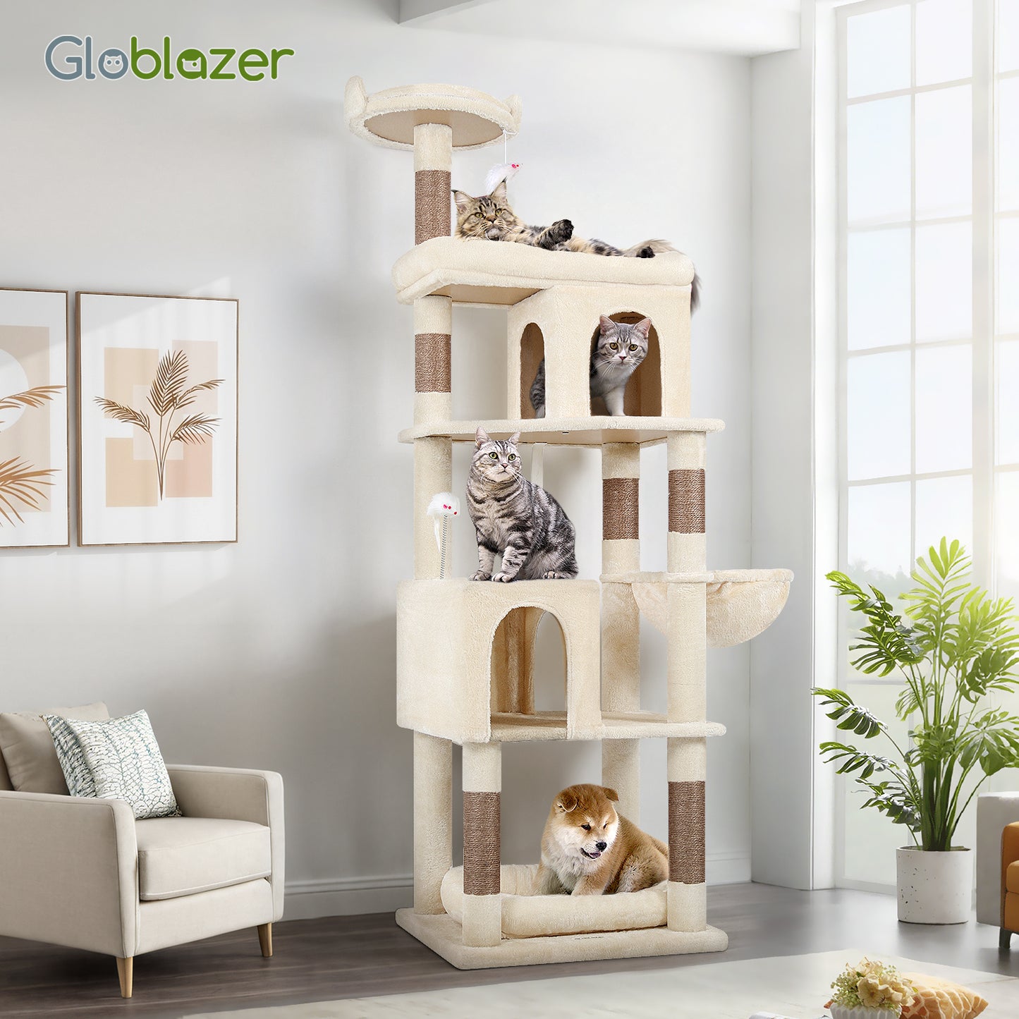 Globlazer Heavy Duty Cat Trees for Large Cats, Sturdy 72in Maine Coon Cat Tree for Large Cats 20 lbs+ Heavy Duty Cat Tower for Adult Biggest Cat with 6 Scratching Posts, Hammock, S72, Beige