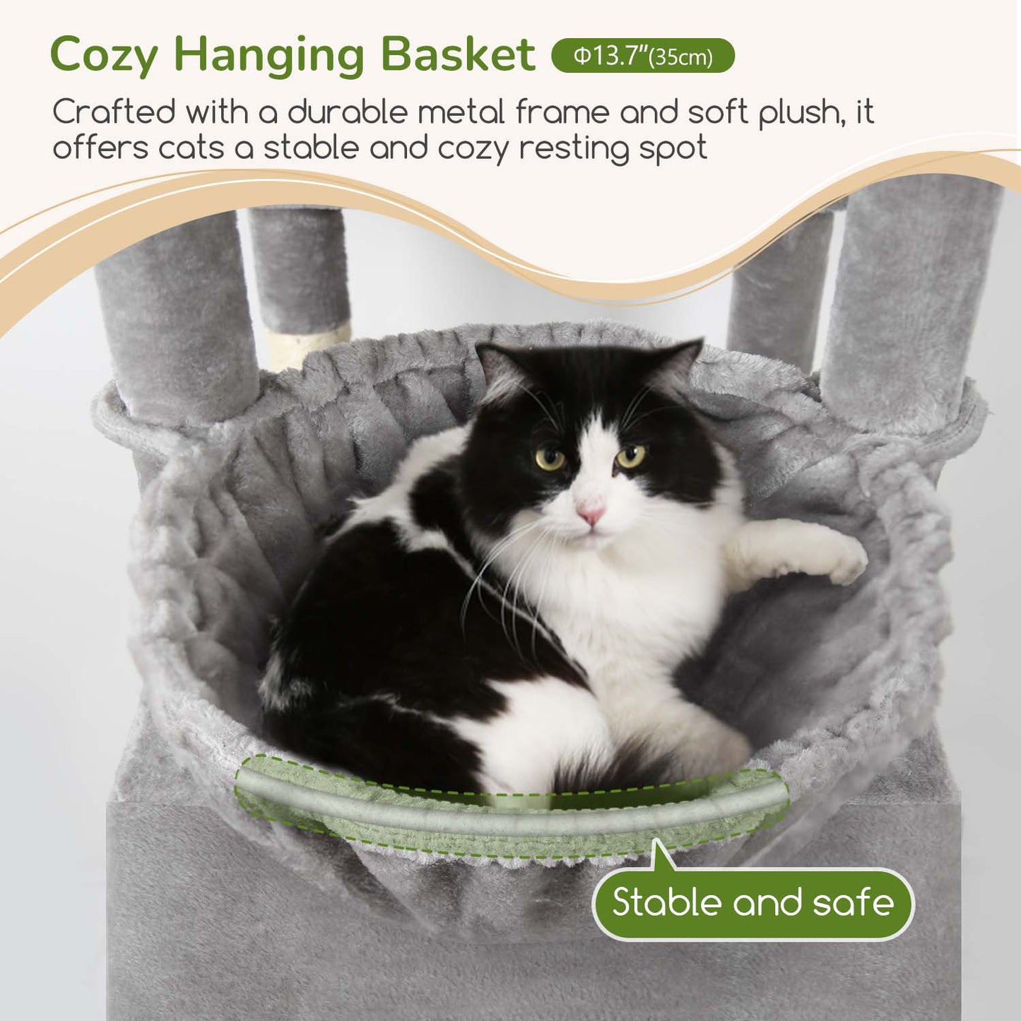 Globlazer 74in Heavy Duty Cat Tree for Large Indoor Cats, Multi-Level Cat Tower with 5 Sisal Scratching Posts, 2 Cozy Condos, Hammock, Top Perches, Climbing Ramp and Pet Bed, F74D, Light Grey