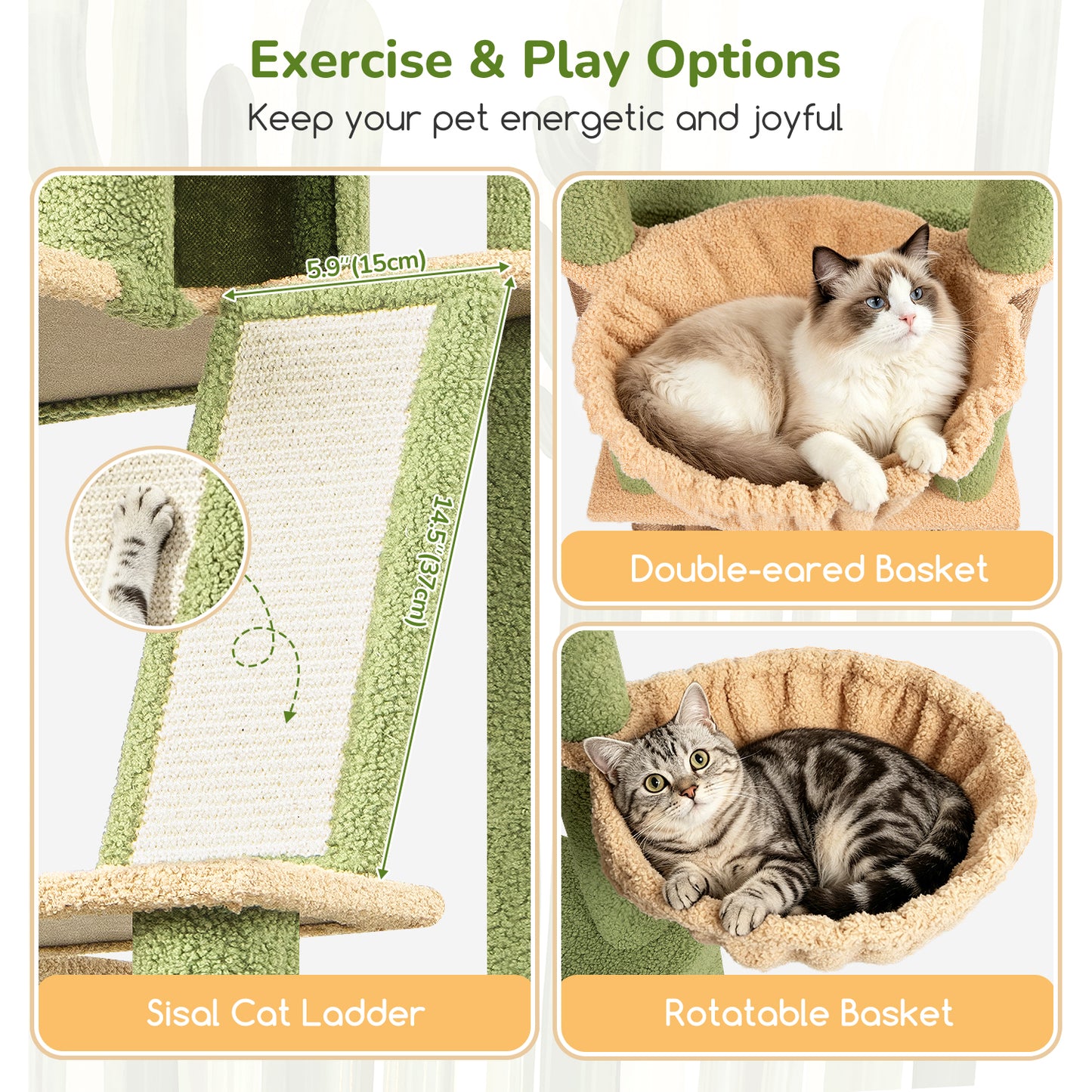 Globlazer Large Cactus Cat Tree Tower, 80in XXL Tall Cat Tree for Multiple Indoor Cats Large Adult Kittens with Scratching Posts and Board, 3 Soft Baskets, 2 Plush Perches, 2 Cozy Condos, S80G, Green