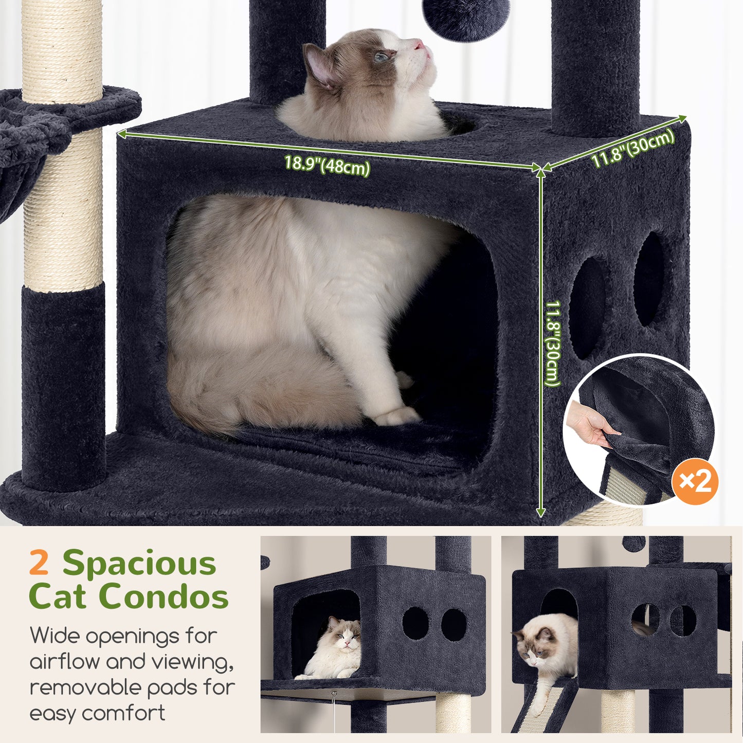 Globlazer 74in Tall Cat Tree for Indoor Cats Large Adult, Sturdy Heavy Duty Cat Tree Tower with 7 Scratching Posts for Multiple Cats, 2 Spacious Condos, 2 Hanging Baskets, S74G, Dark Grey
