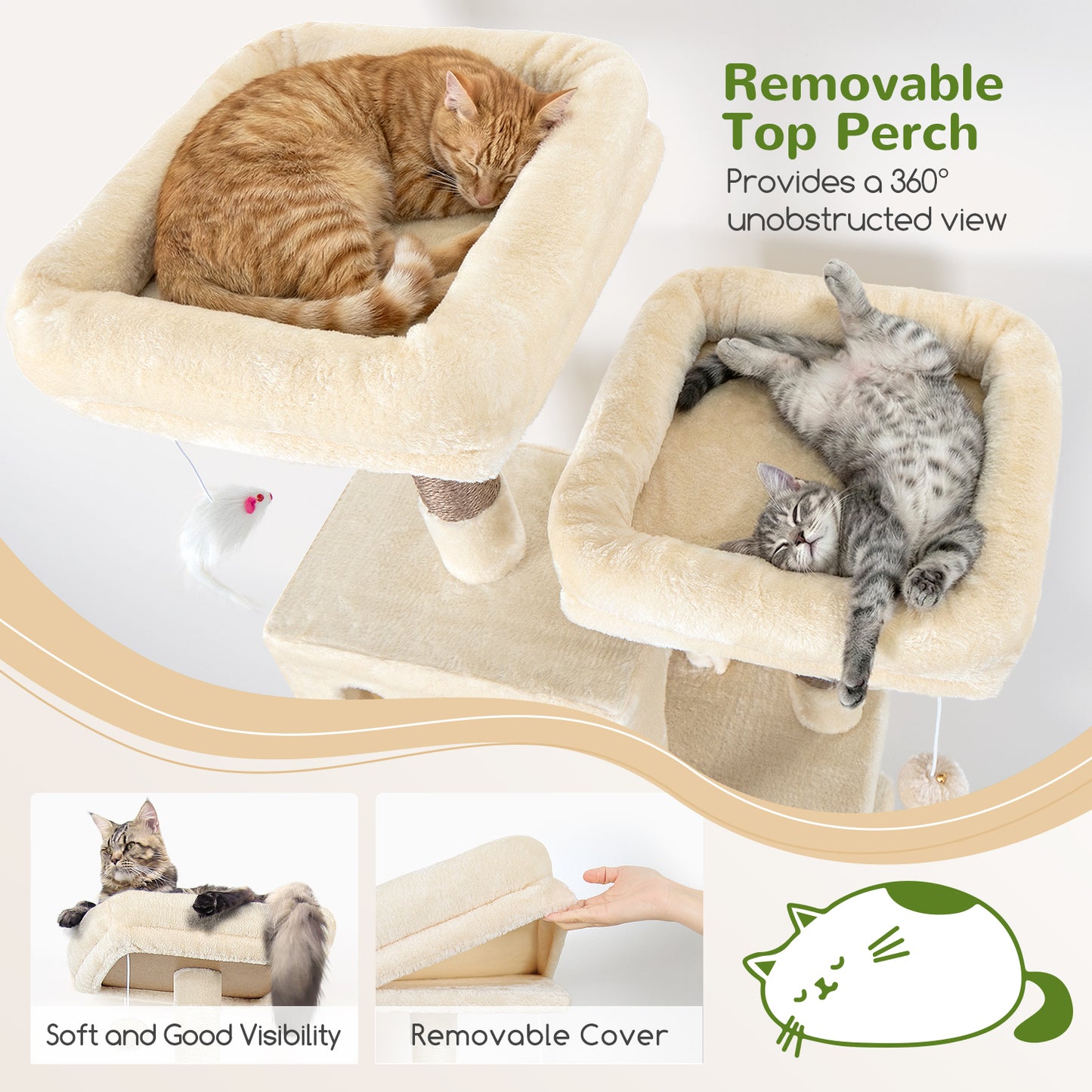 Globlazer Cat Tree Tall, 71 inches Cat Tower for Indoor Adult Cats Multi-Level 3 Condos for Indoor Cats XL Cat Tree Tower with Scratching Posts, Soft Extra Large Hanging Basket, F71, Beige