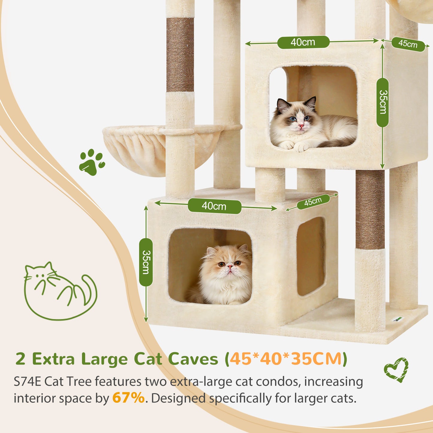 Globlazer 74In Sturdy Cat Tree for Large Cats, Heavy Duty Multi-Level Tall Cat Tree Tower for Multiple Indoor Adult Cats with Scratching Posts, 2 Cat Condos, 2 Top Perches, S74E, Beige